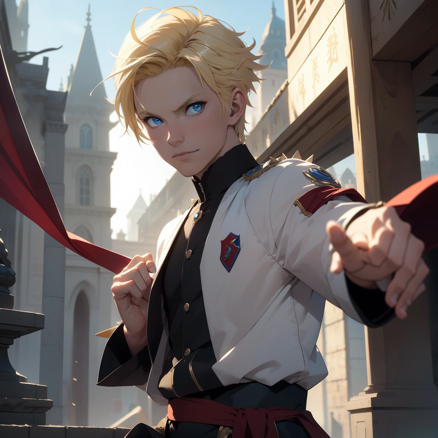 Young guy, Spiky Shoulder-length Blonde hair, blue eyes, prince, martial arts, Masterpiece, hiquality, at Palace