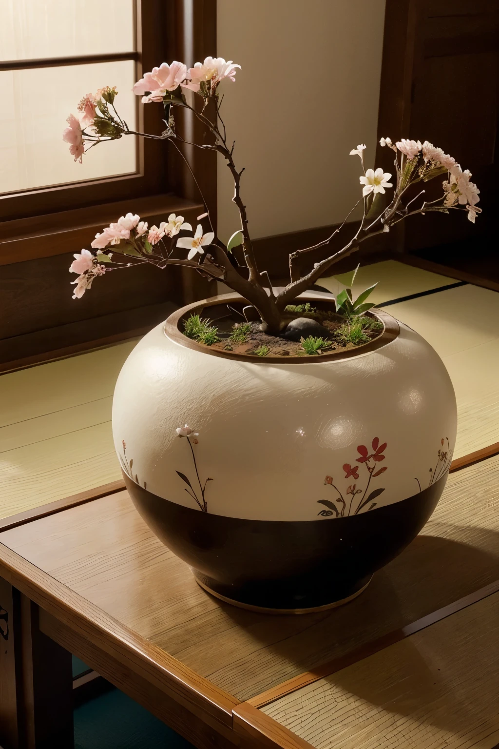 a beautiful ikebana arrangement, delicate flowers, intricate floral design, traditional japanese art, vibrant colors, peaceful atmosphere, soft lighting, minimalistic style, harmonious composition, organic shapes, natural materials, zen aesthetic, precise craftsmanship, elegant simplicity, cultural heritage, mindfulness
