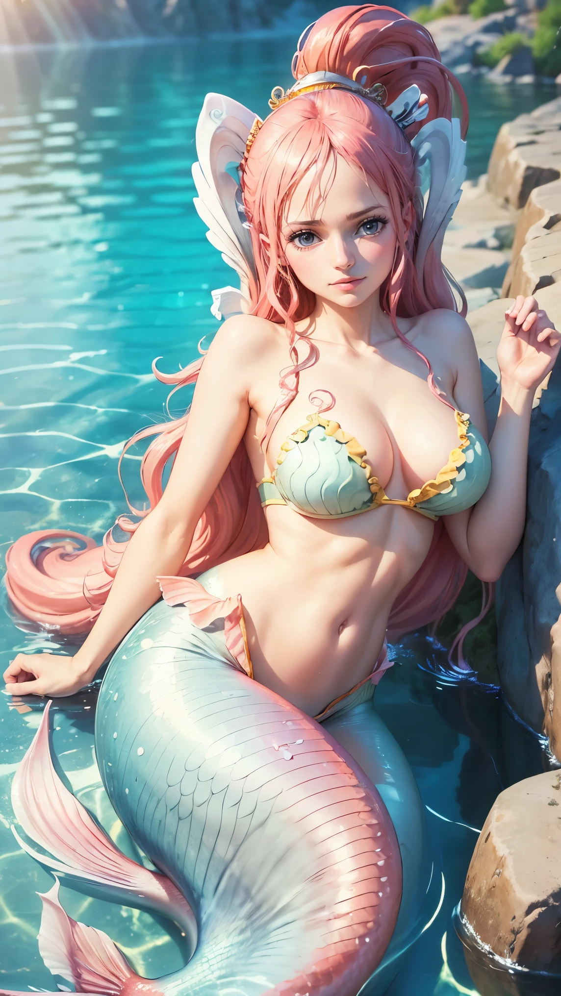 ((top-quality, 8K, masterpiece:1.3)), A detailed eye, (looking at from the front), Look at the camera, ((Everything is sparkling、reflecting light:1.2)), (Best Ratio: 4 fingers, 1 thumb), (portrait), (((Shirahoshi from One Piece))), mermaid, pink lights hair, long hair, smiling, blushing, beautiful face, cute face, head tilt, looking at viewer, ((slim mermaid legs)), outdoor, sea , arm , underwater, (swimming)