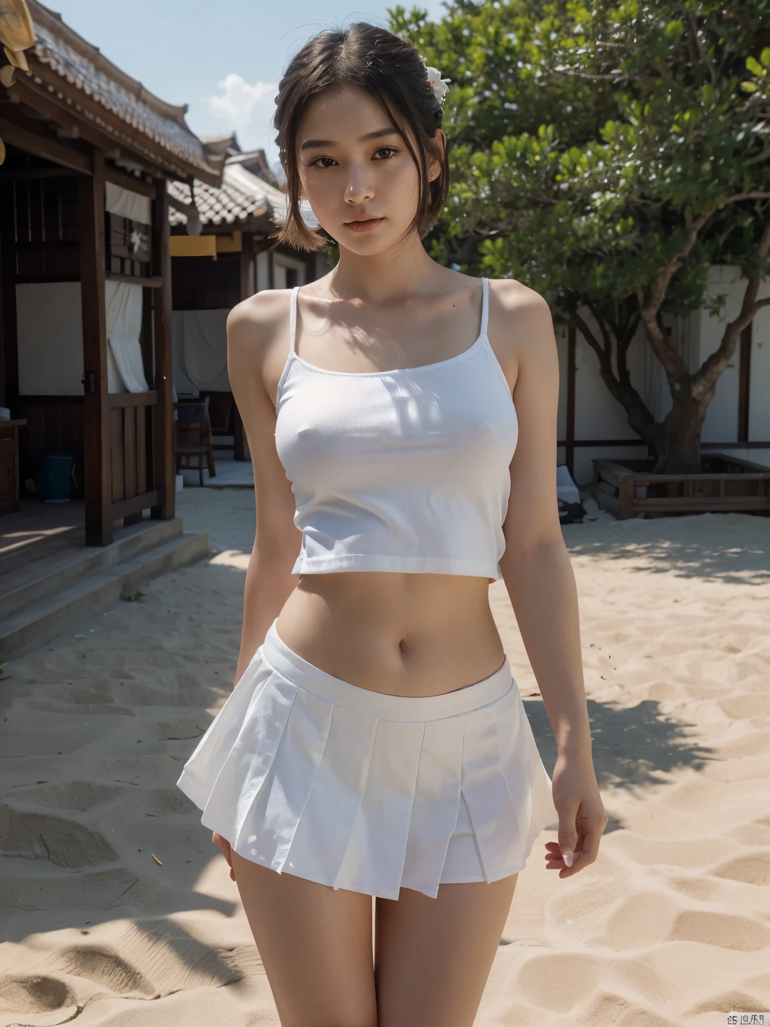 (8k, RAW photo, best quality, masterpiece:1.2), ultra detailed, ultra high res,an extremely delicate and beautiful, extremely detailed, Amazing, finely detail, huge file size, official art, extremely detailed CG unity 8k wallpaper, beach,1girl, short hair, (23 years old:1.2), cute girl, chinesse japan oriental look, sexy look, kawaii,realistic body, ,(white shirt,mini white skirt), outdoors, daylight, public, crowd,dynamic lighting, ultra cinematic scene