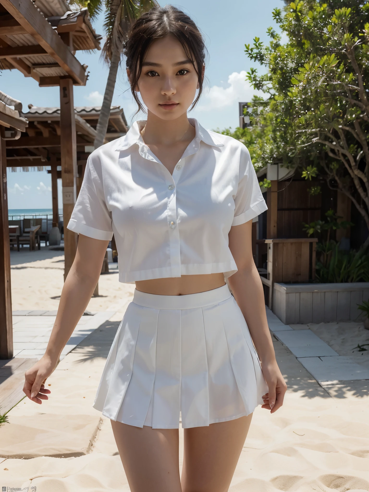 (8k, RAW photo, best quality, masterpiece:1.2), ultra detailed, ultra high res,an extremely delicate and beautiful, extremely detailed, Amazing, finely detail, huge file size, official art, extremely detailed CG unity 8k wallpaper, beach,1girl, short hair, (23 years old:1.2), cute girl, chinesse japan oriental look, sexy look, kawaii,realistic body, ,(white shirt,mini white skirt), outdoors, daylight, public, crowd,dynamic lighting, ultra cinematic scene