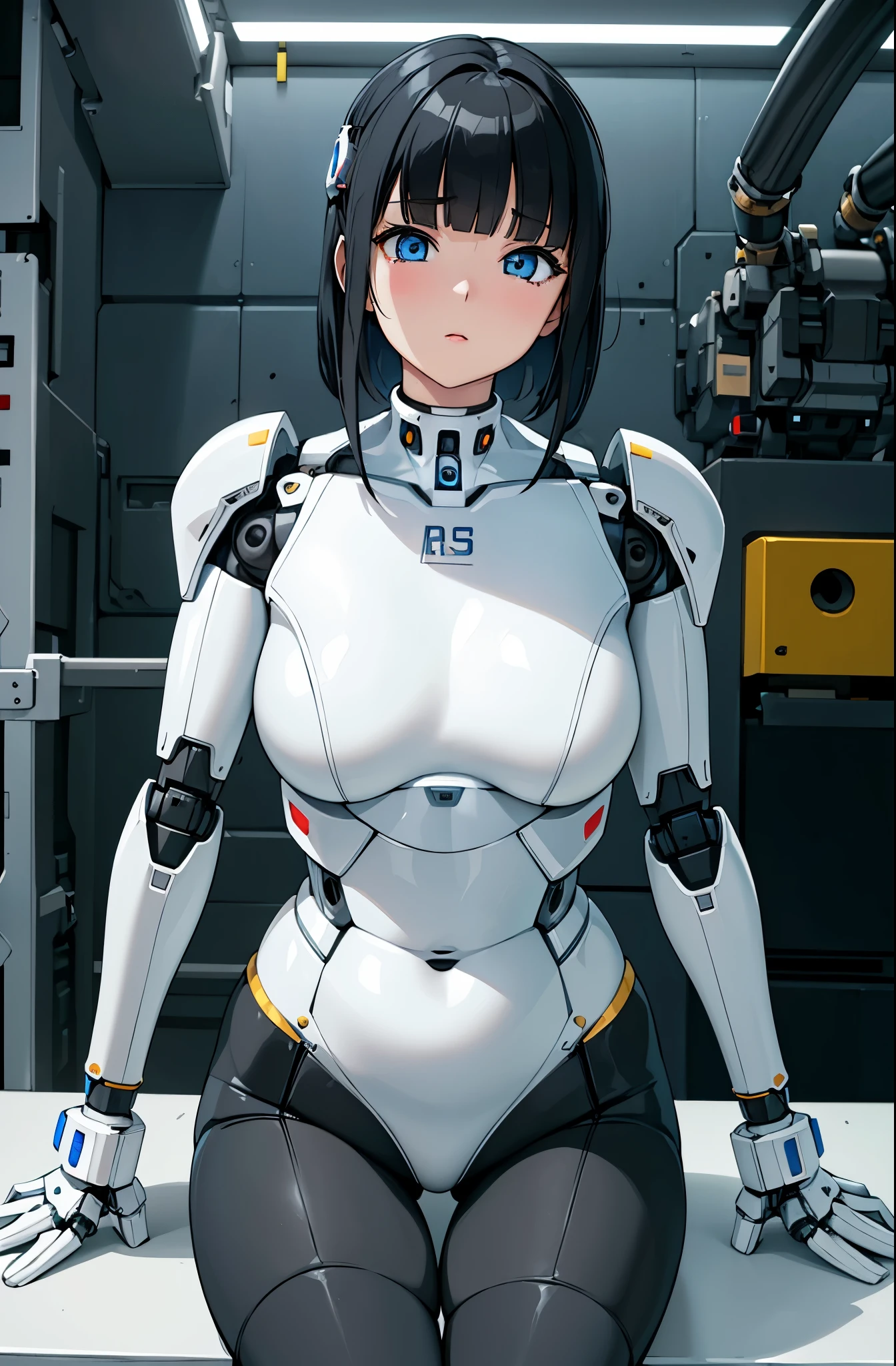 masterpiece, best quality, extremely detailed,  Japaese android girl,android teacher,Plump , control panels,android,Droid,Mechanical Hand, ,Robot arms and legs, Black hair,Mechanical body,Blunt bangs,White Robotics Parts,perfect robot woman,Charging spot,Long Tube,A thick cable was connected to her neck,ceramic body ,android,robot humanoid,a bit chubby,panty,full eyes,perfect mechanical body,white robotics body,future assembly plant,white body,She has repaired,black sponge joints,android assembly plant,android,laboratory,perfect machine body,white robot body,blue eyes