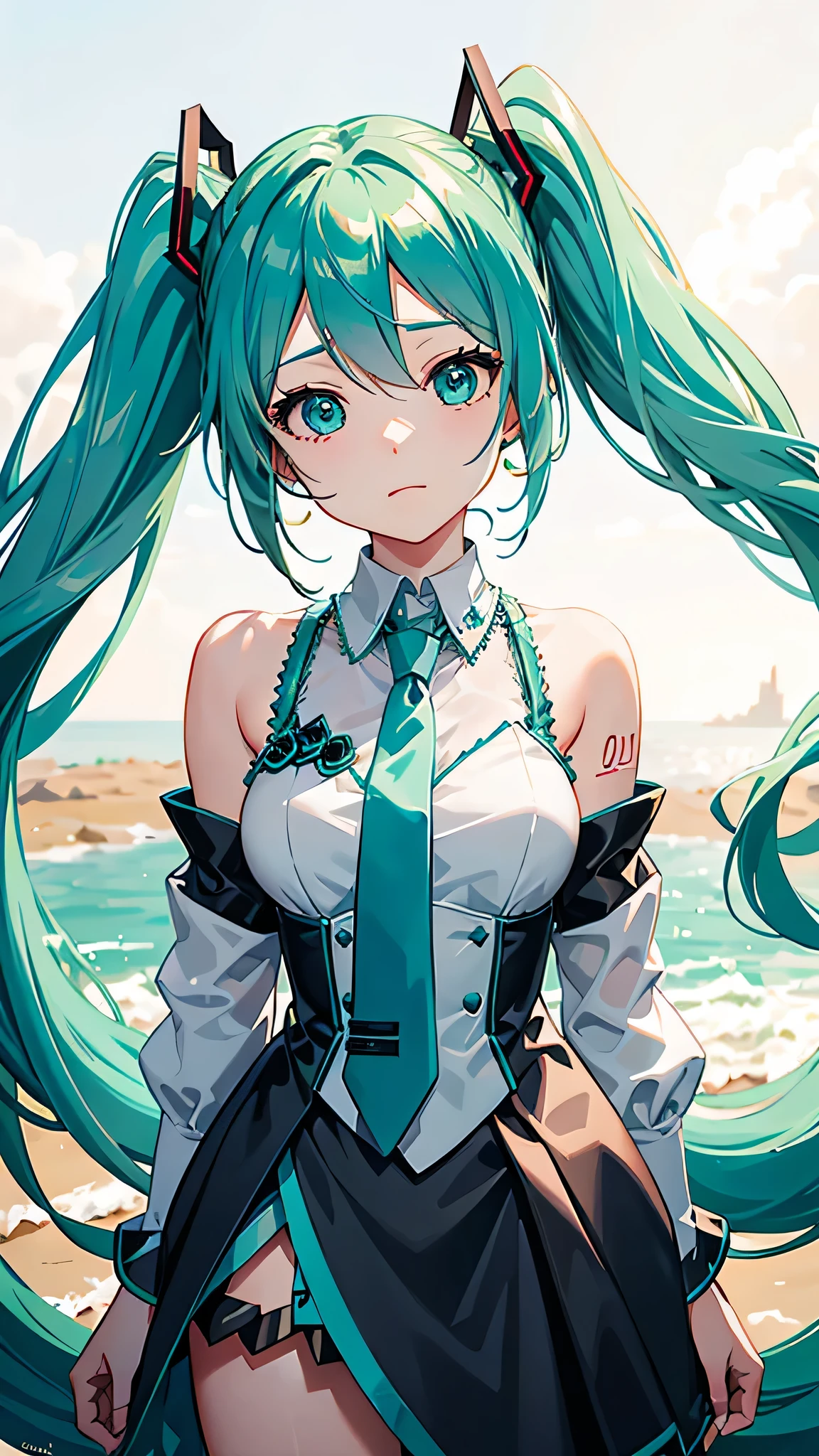 Close-up of Hatsune Miku style characters,Long hair shawl,tie,Accompany friends,leather style,Epic animated CGI shot in 8K HD,Portrait of Hatsune Miku,Action packs,Hatsune Miku’s face is clearly visible,Double ponytail hairstyle,4K anime style,Hatsune Miku cosplay。