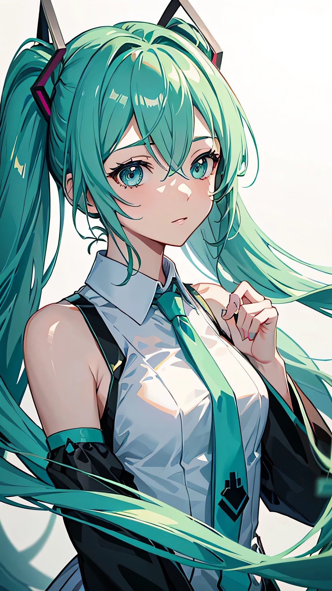 Close-up of Hatsune Miku style characters,Long hair shawl,tie,Accompany friends,leather style,Epic animated CGI shot in 8K HD,Portrait of Hatsune Miku,Action packs,Hatsune Miku’s face is clearly visible,Double ponytail hairstyle,4K anime style,Hatsune Miku cosplay。