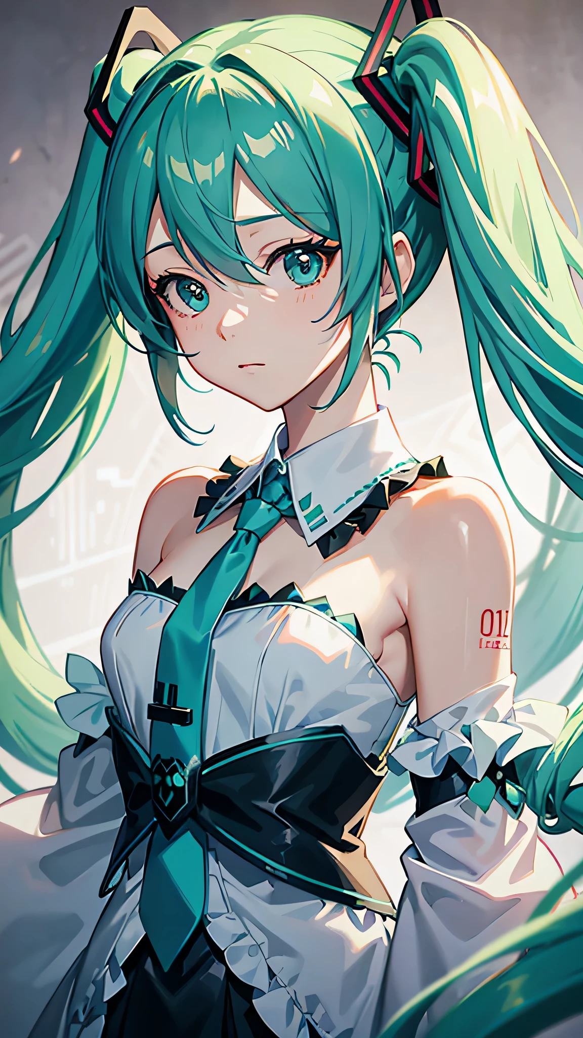 Close-up of Hatsune Miku style characters,Long hair shawl,tie,Accompany friends,leather style,Epic animated CGI shot in 8K HD,Portrait of Hatsune Miku,Action packs,Hatsune Miku’s face is clearly visible,Double ponytail hairstyle,4K anime style,Hatsune Miku cosplay。