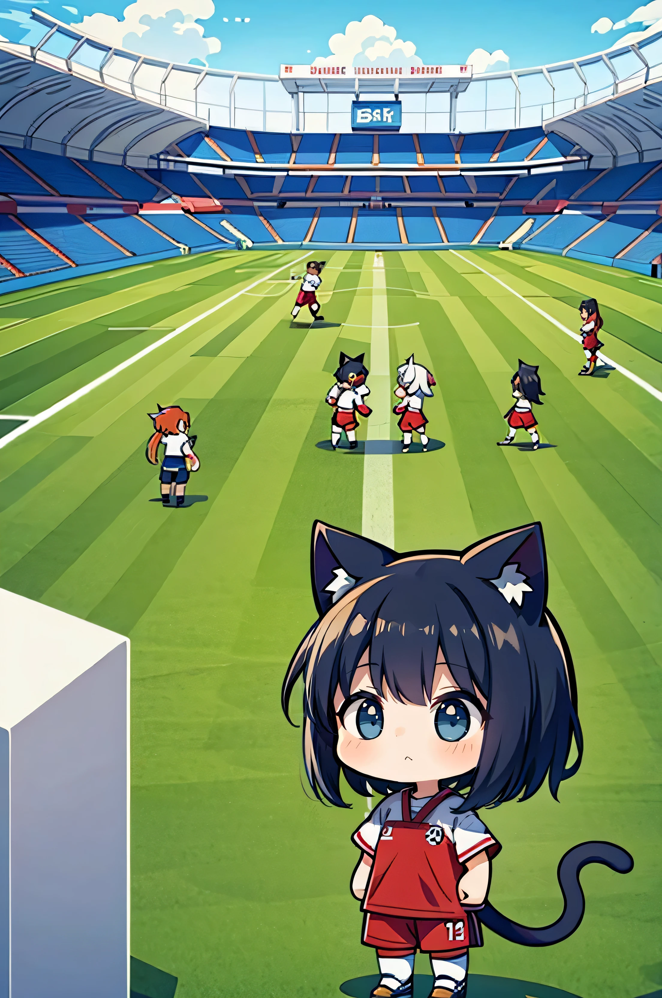 girl, short hair, SD Character, cat ears, Red Costume, 반팔 soccer복, soccer, stadium, soccer공, soccer 경기, match, a packed crowd, match하는 girl, Players from the opposing team are also visible.