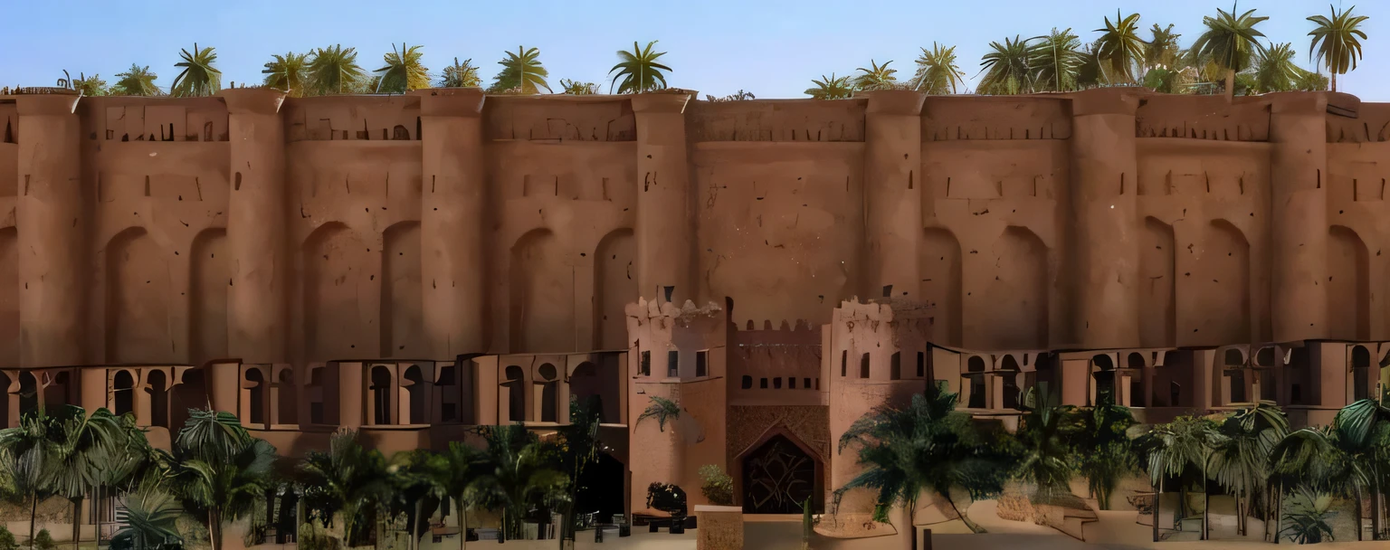 An Arabian gate , Behind the gate is a very giant ornate arabian wall , Next to the gate is another long ornate wall , palms and trees , very small people , detailed , detailed gate , detailed walls , detailed palms , realistic , realistic gate , realistic palms , realistic walls