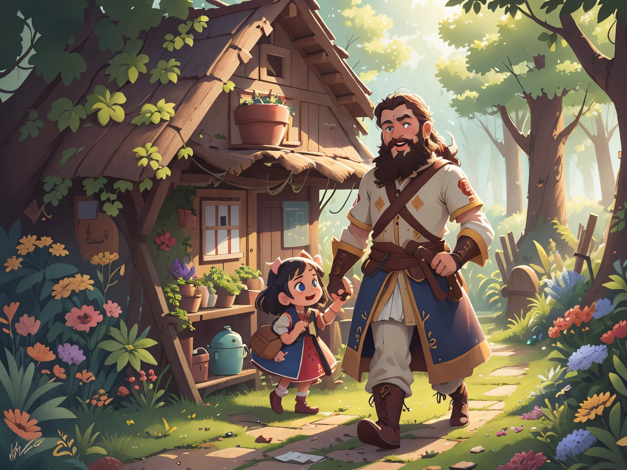 [[[Ultra detailed, best quality, beautiful, 4K, detailed faces, medieval story]]],, blue eyes, happy, joy, smiley, full body, bearded father is playing hide and seek with his daughter, running , chase, wooden house, garden, windows, cozy home garden