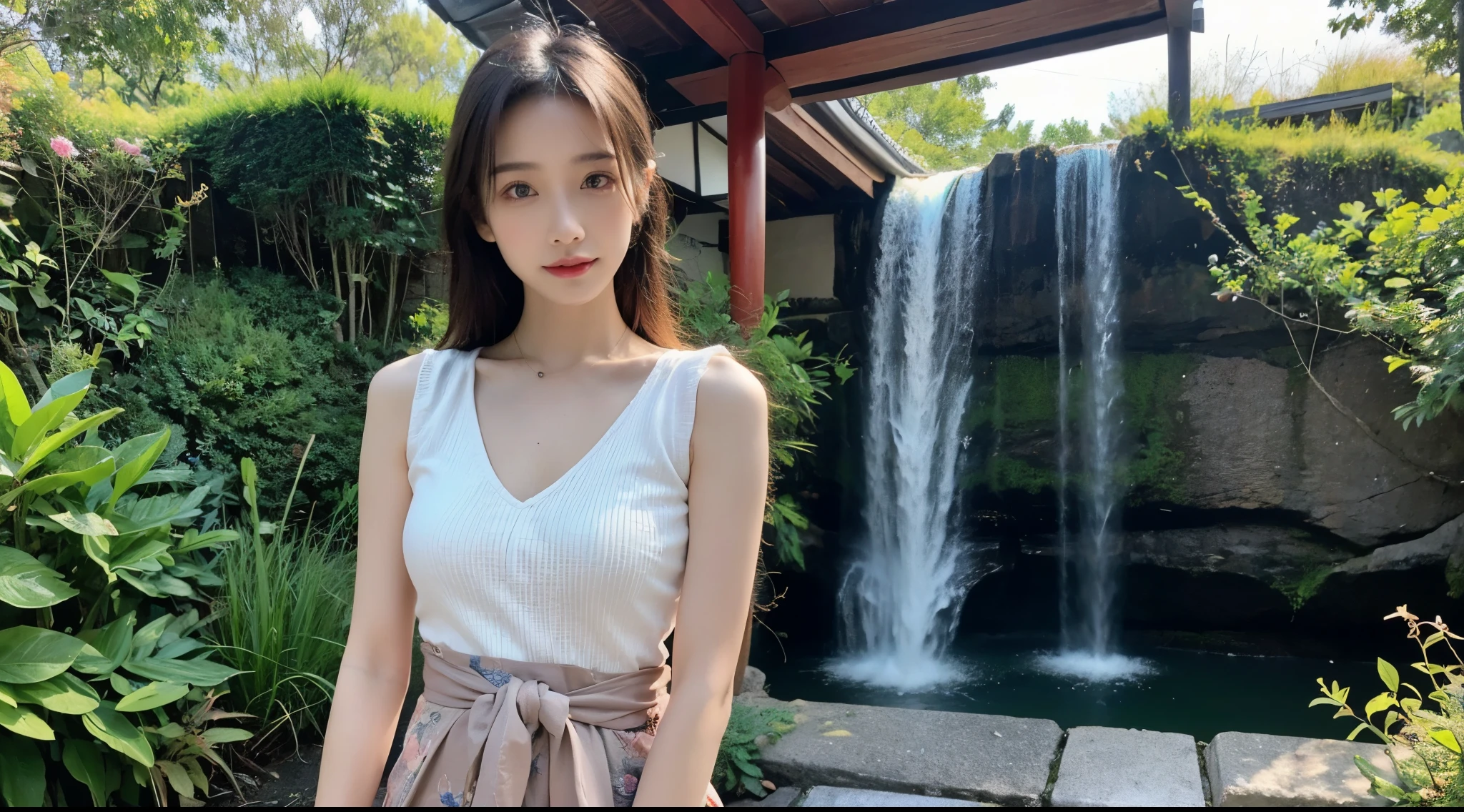 (High-resolution 8K Raw photo-realistic,best quality,),A Japanese woman,(traditional Japanese attire，Common),long white hair,Thin and small,beautiful eyes,Super detailed face,beautiful woman,tight,Big breasts and thin waist,Big breasts,teen uncensored,cute female ,glowing skin,20 years old,(waterfall man，Floral fragrance，grassy)，sharpen,chiffon,headlight，Sunlight，alone，Perspectiva subjetiva,(The medium scene is，half body：1.3),focus on face,split,Microlenses，Tattoos are，the only person，alone,Photographed from a distance