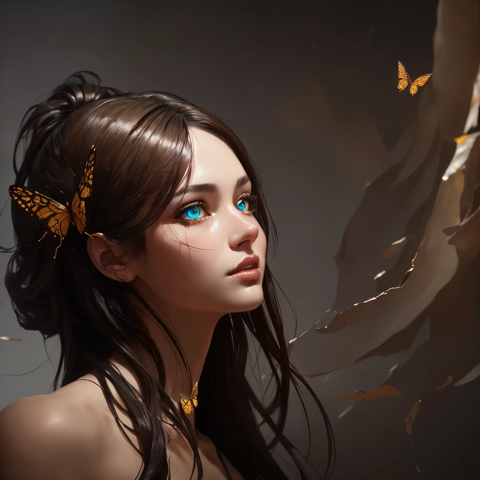 8k portrait of beautiful cyborg with brown hair, intricate, elegant, highly detailed, majestic, digital photography, art by artgerm and ruan jia and greg rutkowski surreal painting gold butterfly filigree, broken glass, (masterpiece, sidelighting, finely detailed beautiful eyes: 1.2), hdr, 