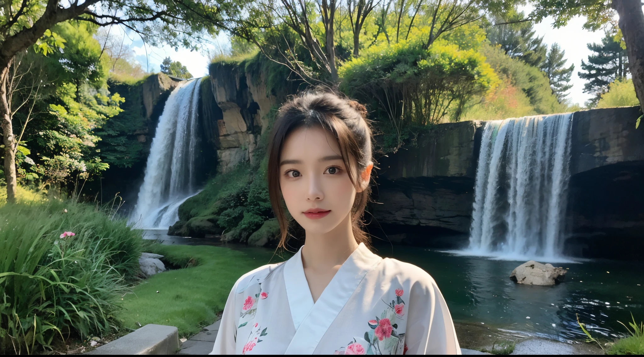 (High-resolution 8K Raw photo-realistic,best quality,),A Japanese woman,(traditional Japanese attire，Common),long white hair,Thin and small,beautiful eyes,Super detailed face,beautiful woman,tight,Big breasts and thin waist,Big breasts,teen uncensored,cute female ,glowing skin,20 years old,(waterfall man，Floral fragrance，grassy)，sharpen,chiffon,headlight，Sunlight，alone，Perspectiva subjetiva,(The medium scene is，half body：1.3),focus on face,split,Microlenses，Tattoos are，the only person，alone,Photographed from a distance