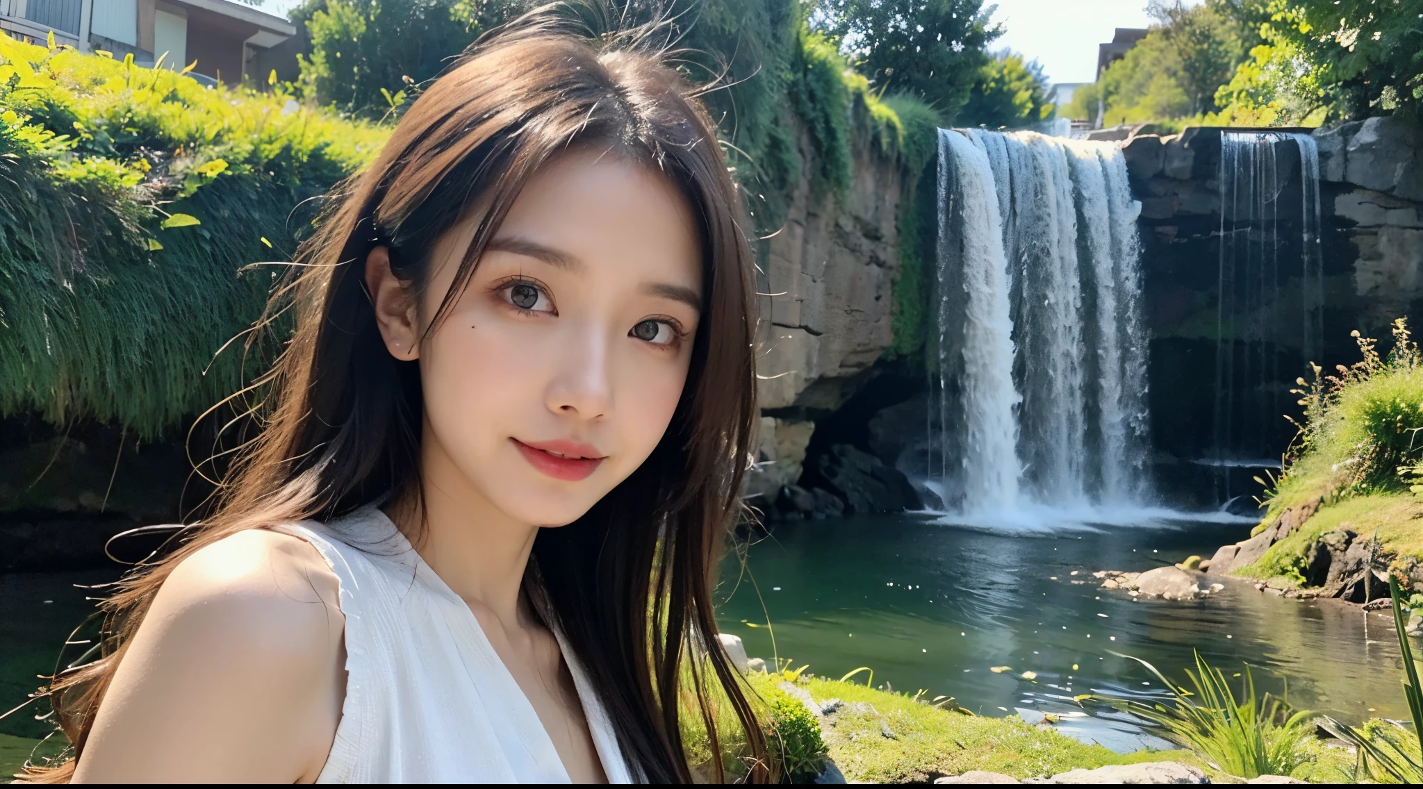 (High-resolution 8K Raw photo-realistic,best quality,),A Japanese woman,(traditional Japanese attire，Common),long white hair,Thin and small,beautiful eyes,Super detailed face,beautiful woman,tight,Big breasts and thin waist,Big breasts,teen uncensored,cute female ,glowing skin,20 years old,(waterfall man，Floral fragrance，grassy)，sharpen,chiffon,headlight，Sunlight，alone，Perspectiva subjetiva,(The medium scene is，half body：1.3),focus on face,split,Microlenses，Tattoos are，the only person，alone,Photographed from a distance