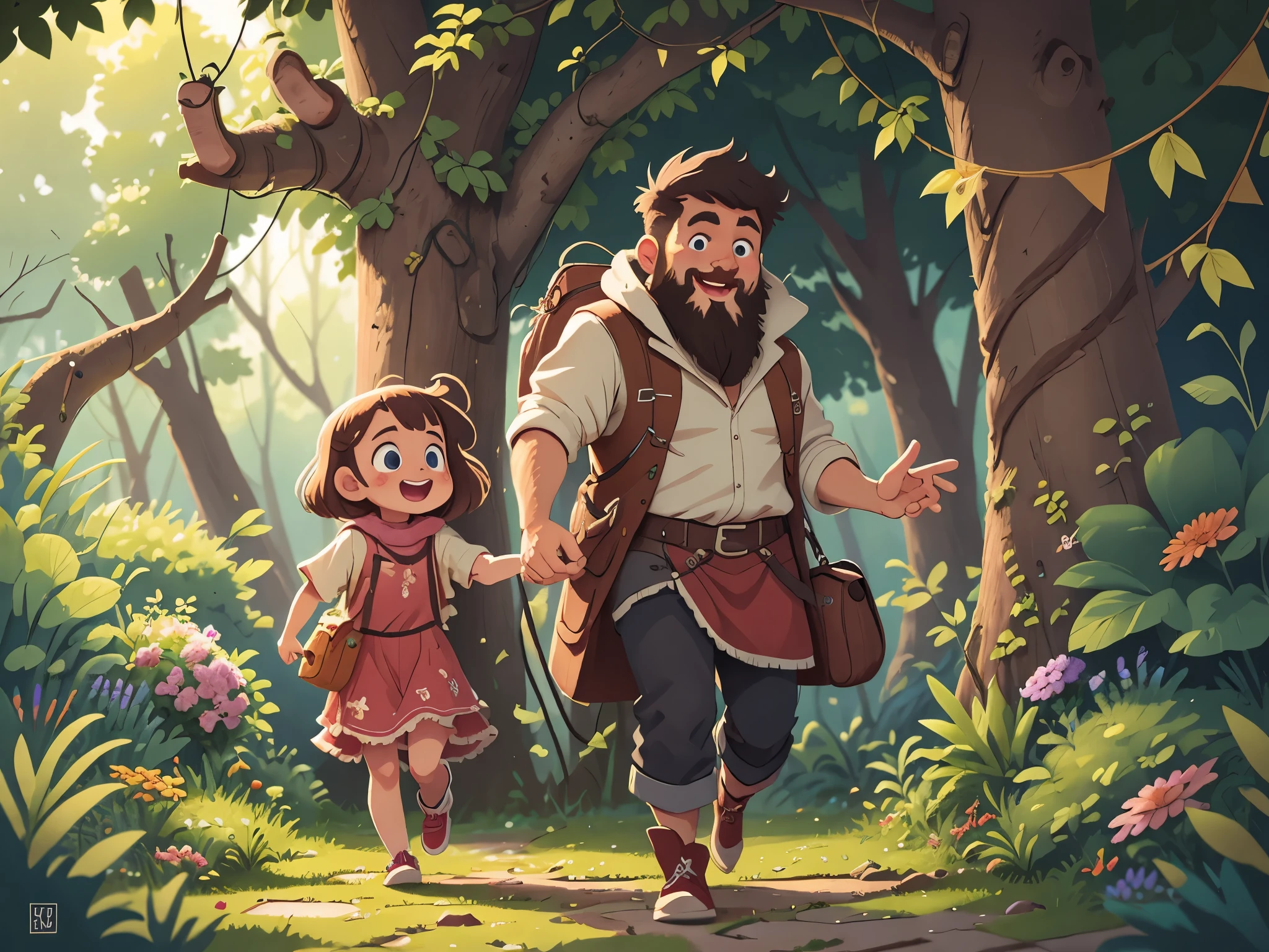[[[Ultra detailed, best quality, beautiful, 4K, detailed faces, medieval story]]],, blue eyes, happy, joy, smiley, full body, bearded father is playing hide and seek with his daughter, running , chase, wooden house, garden, windows, cozy home garden