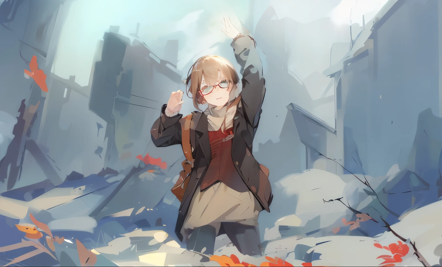 一个跪在雪地ruins里面的女孩,brown coat,brown hair,With red glasses frames,green eyes,There is a chain on the hand,Raise your left hand to block the sun,toplight,shabby clothes,ruins,坍塌的ruins,There is light on the face
