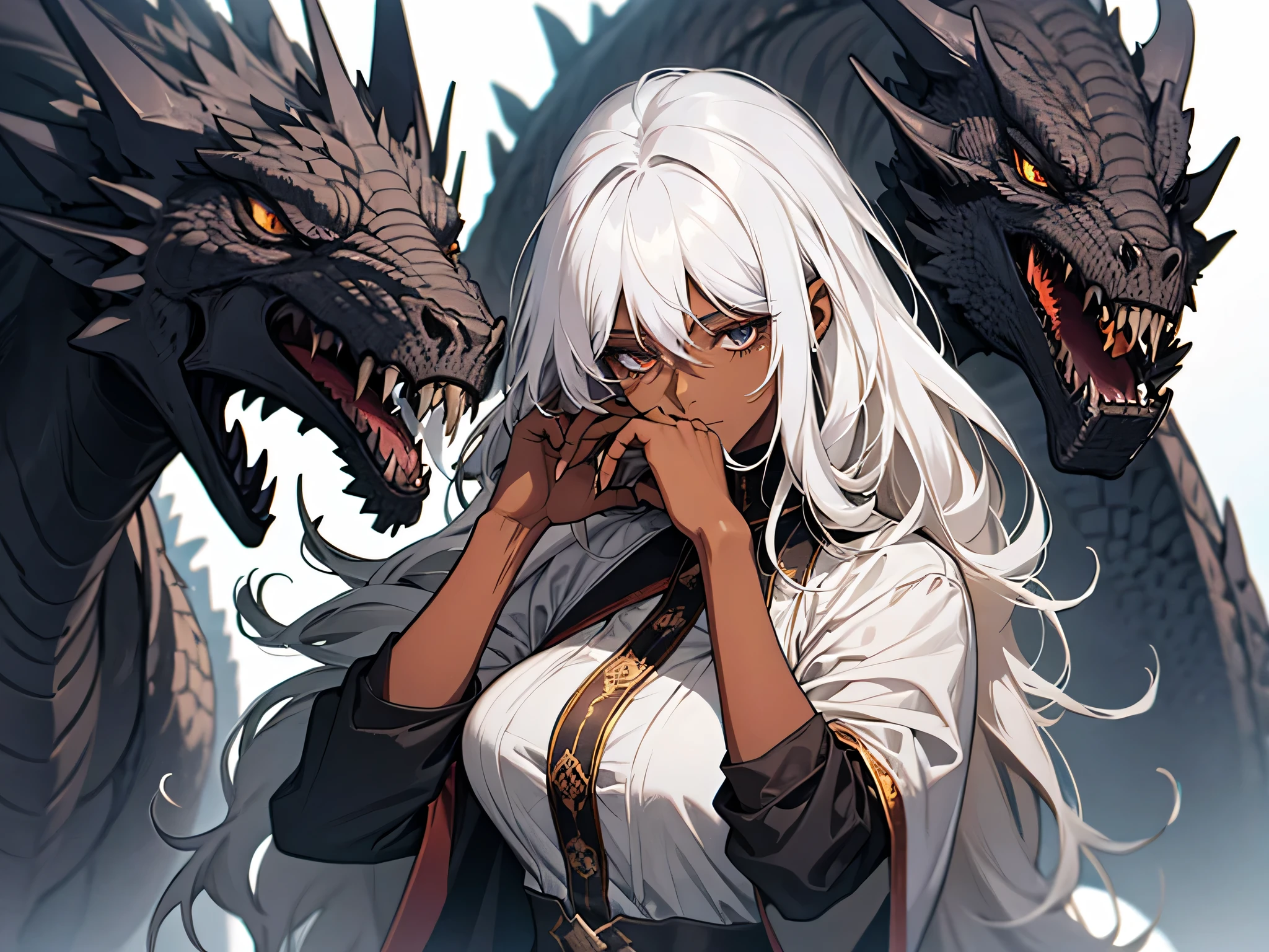 a woman slave, dark skin, worn-out garment, shiny white hair, strong woman, touching a large dragon