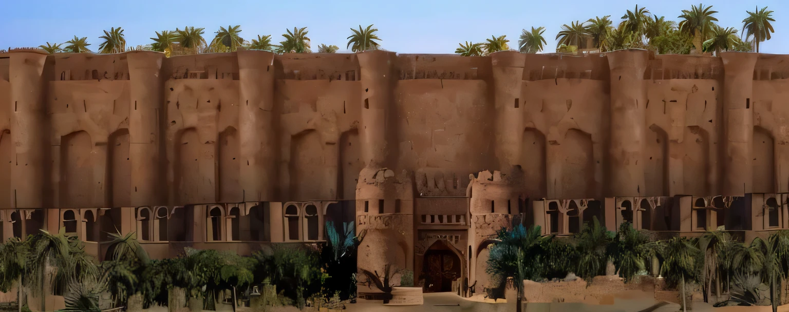 An Arabian gate , Behind the gate is a very giant ornate arabian wall , Next to the gate is another long ornate wall , palms and trees , very small people , detailed , detailed gate , detailed walls , detailed palms , realistic , realistic gate , realistic palms , realistic walls 