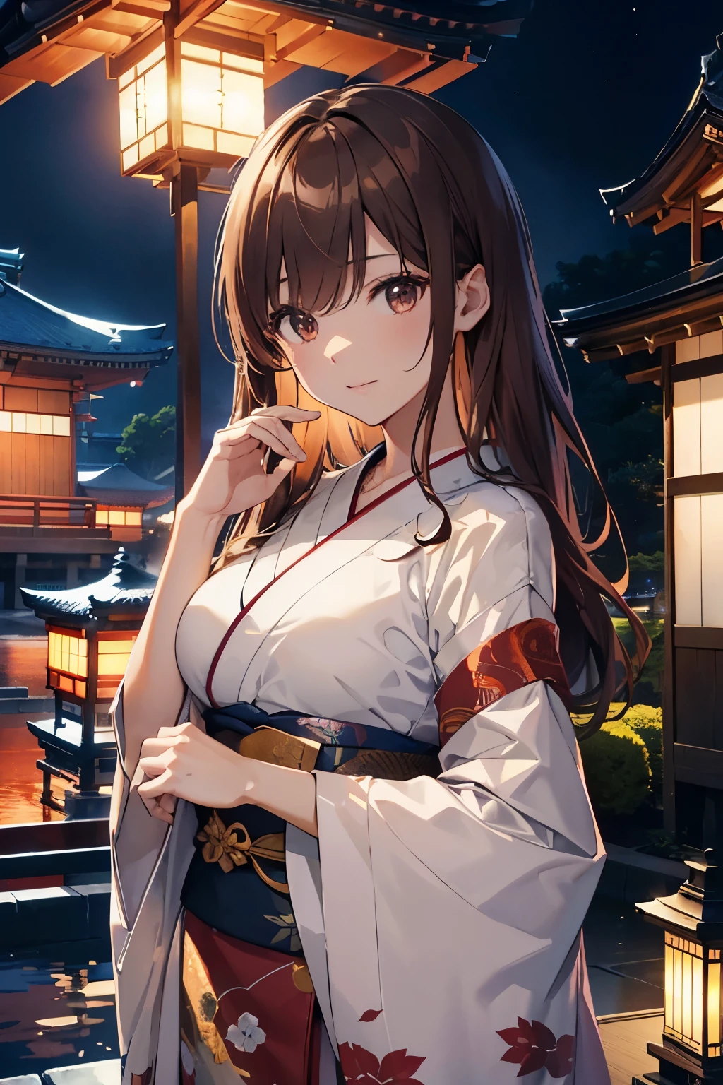 (official art、best quality、Unity 8K Wallpaper、32k、masterpiece、Super detailed、ultra high resolution、actual、Realism:1.2)、(light:1.2)、fire glow effect、film particles、best shadow、edge lighting、side lights、(Super detailed且复杂的 3D 渲染)、精致beautiful face庞和藍色眼睛、reddish brown hair、medium bust、(mystery、moonlight)、Very detailed background、beautiful face、a beautiful girl、(Super delicate skin、Detailed skin texture:1.3)、Japanese Garden、Tree with red leaves on tower background々, japanese night, japan sightseeing, Japan in-depth travel exploration, japanese temple, pagoda, at night!!, set at night, Japanese city at night, full view,
