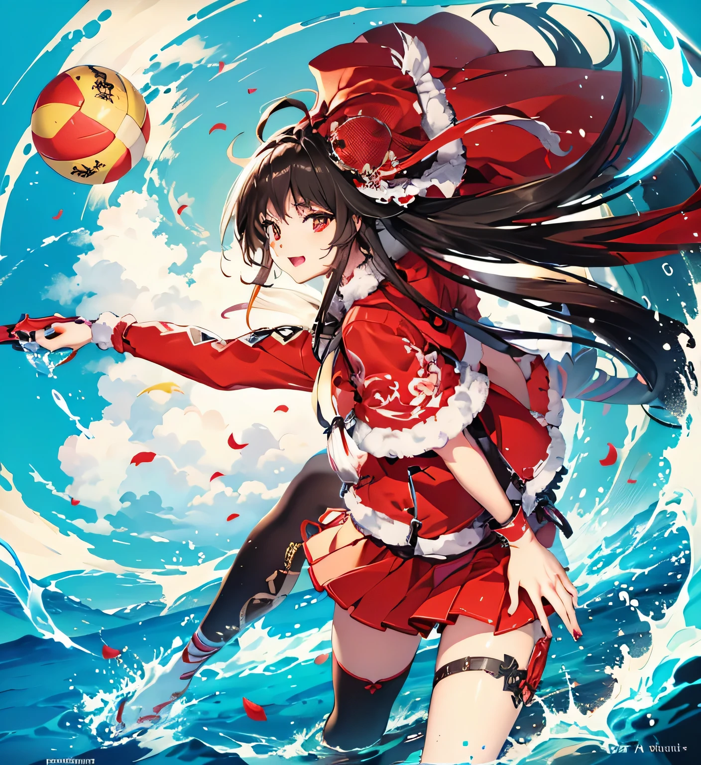 masterpiece，best quality，Super beautiful illustrations，girl wearing red chinese skirt，long black hair，Red bandana，short red dress，white skirt，volley jumping action，