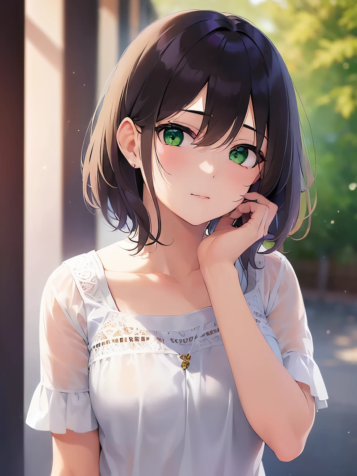 Placing hand on face, (one's eyes wandering:1.5), 下からの撮影, medium shot, Realistic, real person, RAW photo, photorealistic, portrait photography, shiny skin, japanese idol、(前髪がある20歳の女性), (green eyes:1.5) and (brown hair) and (bob cut) and (wavy hair), (White Short sleeved blouse:1.3)、(sad:1.5), 一人きり、立っている、背景は外