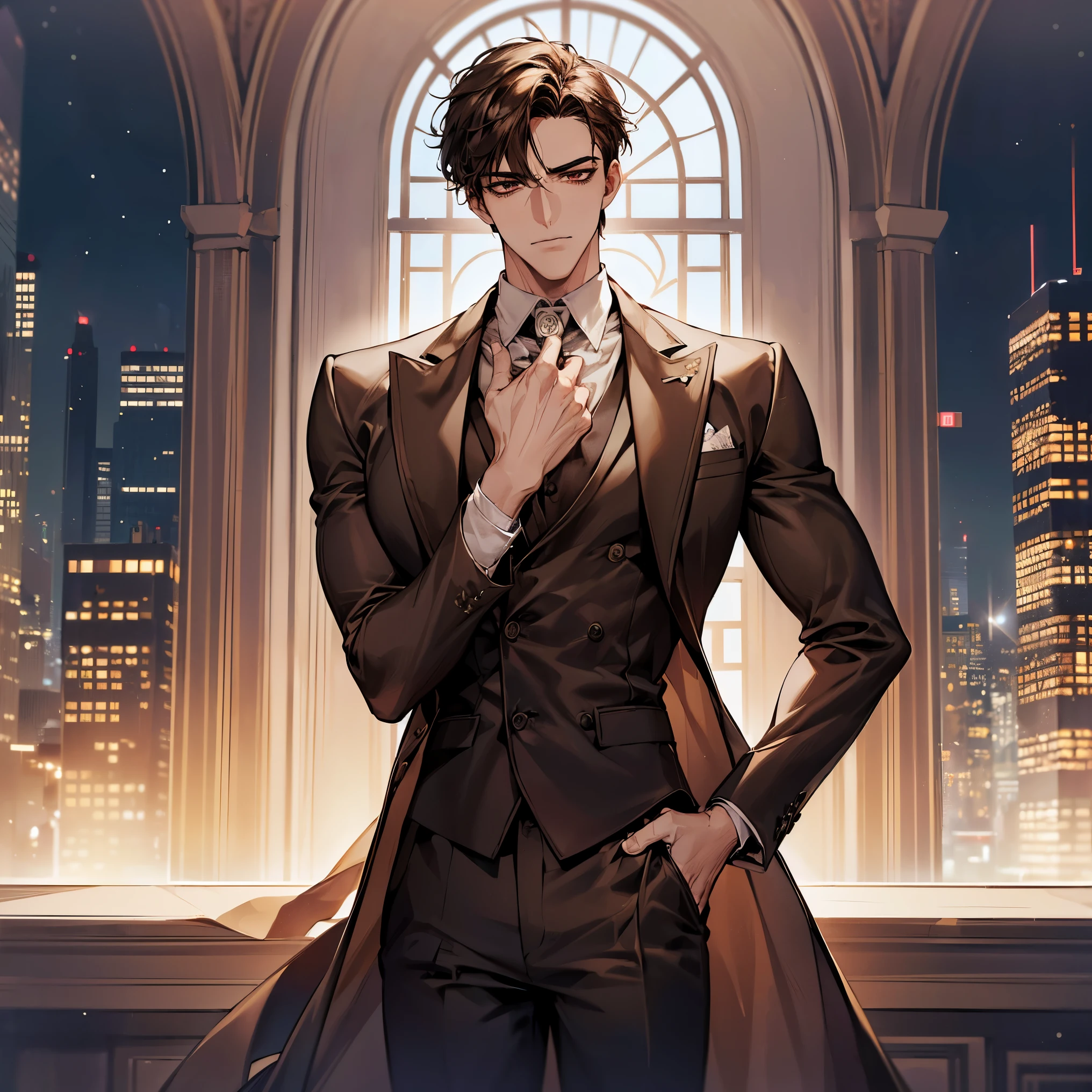 ((One young man with a black suit and tie)), gotham, alejandro, (((side swept black short hair))), (dark red and thick eyebrows), smirk, ((20 years old)), ((masterpiece)), posture dynamic, cinematic lighting, hold a glass of wine