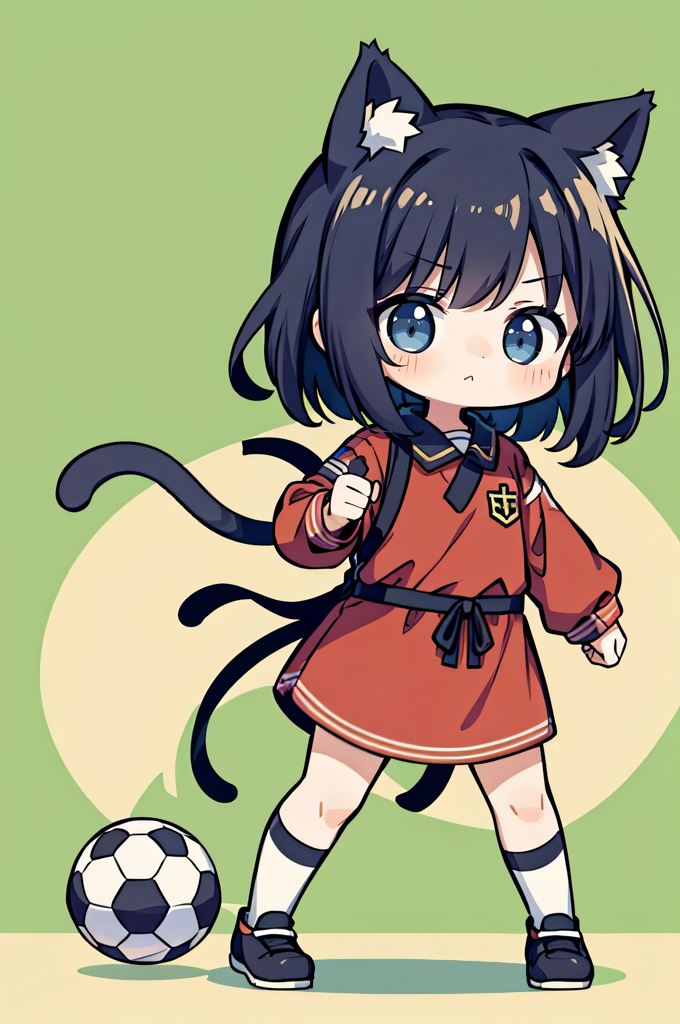 girl, short hair, SD Character, cat ears, Red Costume, short sleeve soccer uniform, soccer, A girl smiling brightly while holding a large soccer ball,