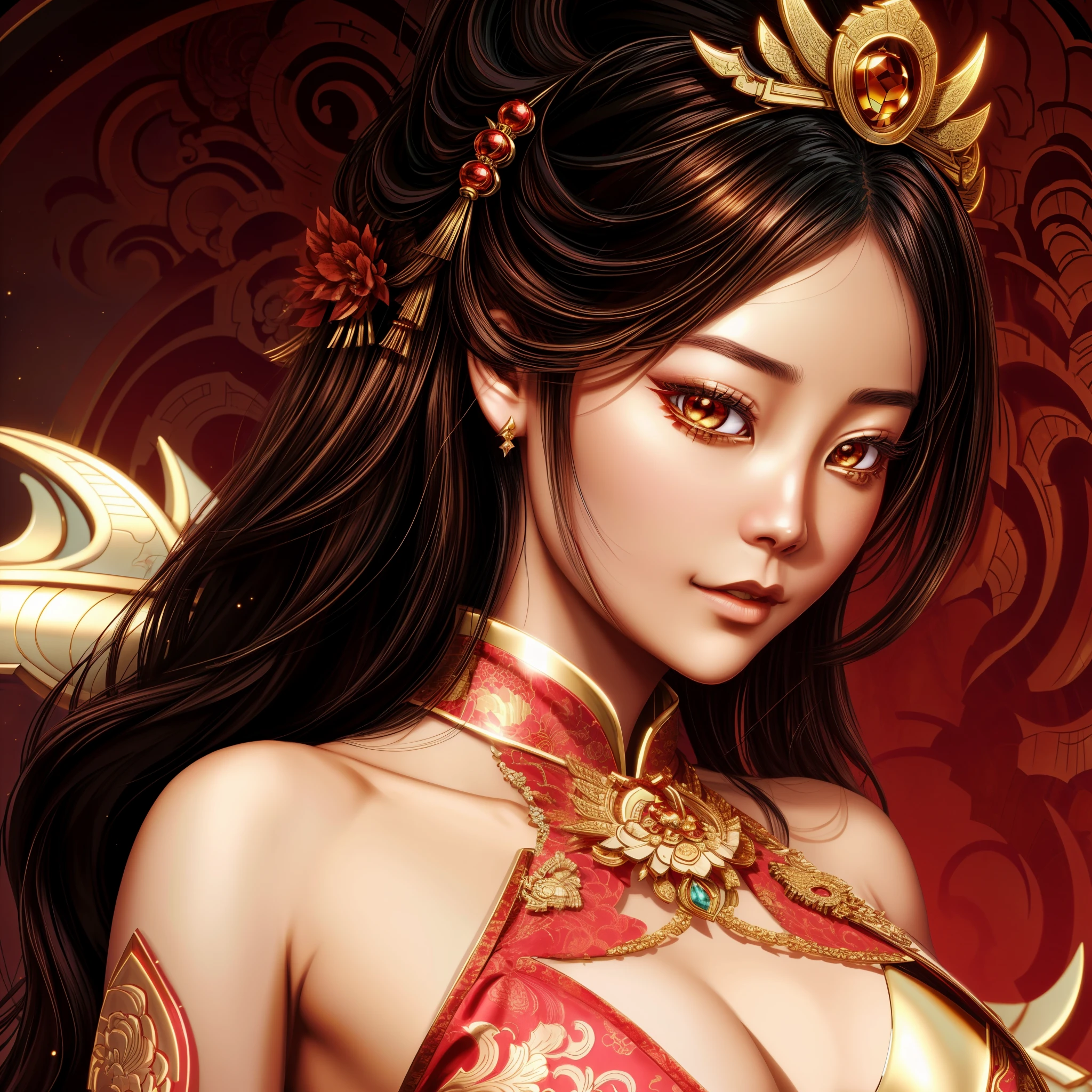 Young Kristin Kreuk as a Beautiful female Chinese, beautiful face, intricate, highly detailed, sharp focus, seductive Chinese woman with a crown, a red and gold outfit, and a dragon in the background, Araffed Asian woman in red and gold dress posing for a photo, inspirado en Pu Hua, a beautiful fantasy empress, tendencia en cgstation, princesa china, the dragon girl portrait, hyper detailed asian, inspirado en Wu Bin, Chinese girl, Inspirado por Lan Ying, Emperatriz china, inspirado por Ju Lian, digital fantasy art ), por Yang J., inspirado por Wu Li