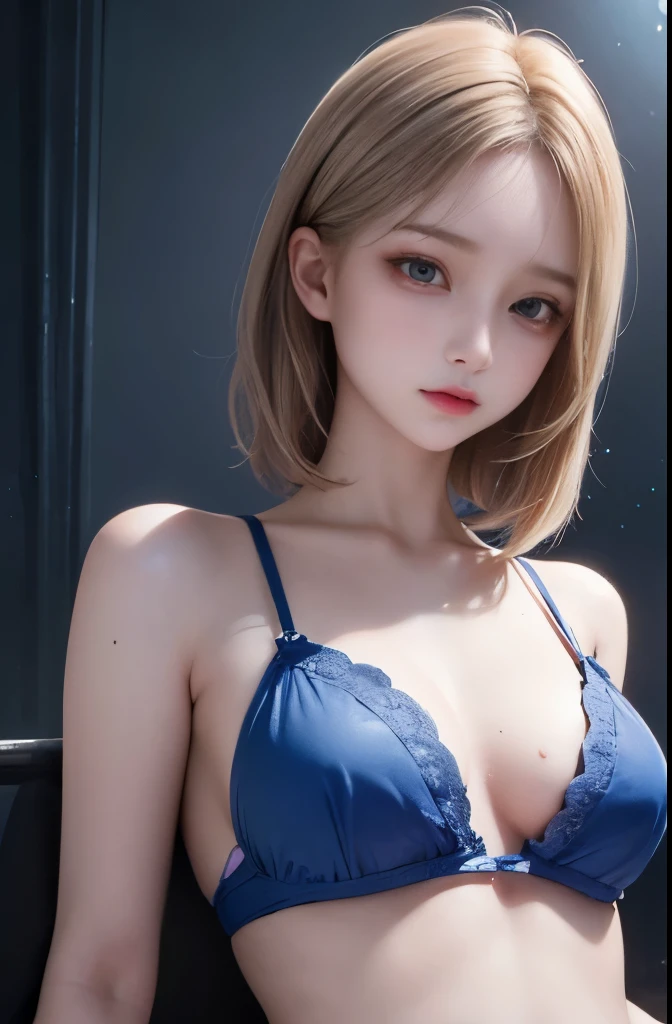 highest quality, masterpiece, ultra high resolution, (realistic: 1.4), RAW photo, 1 girl, light brown hair, bob hair, Glossy skin, wet body, dramatic lighting, whole body,, blue bra, Blue T-back, small, 15 year old woman, masterpiece, Slouching Pose