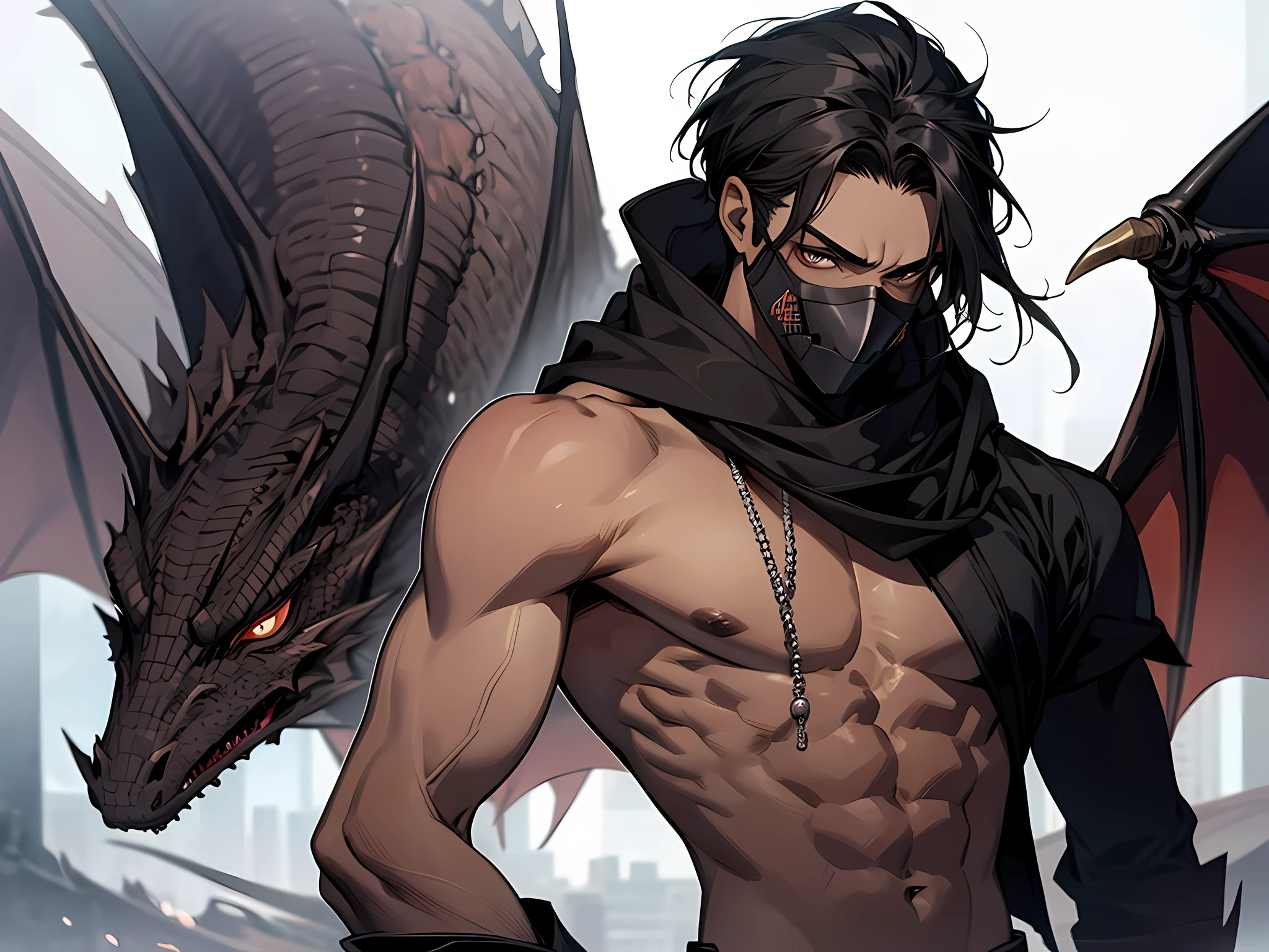 thin young man, dark skin wearing mask, V-shaped vendetta wears  a mask, bare chest, worn out cloth, black hair, touching dragon
