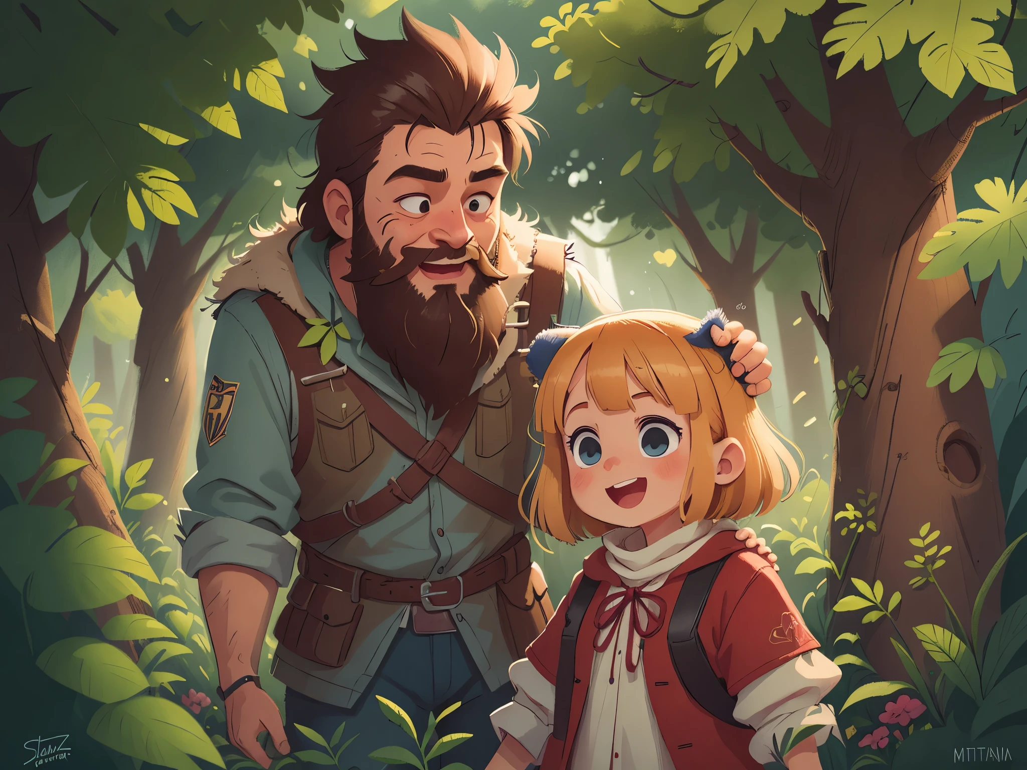 Bearded father is playing hide and seek with his daughter, [[[Ultra detailed, best quality, beautiful, 4K, detailed faces, medieval story]]], blond hair, blue eyes, happy, joyful, smiling face, full body , chase, wooden house, garden, windows, cozy home garden