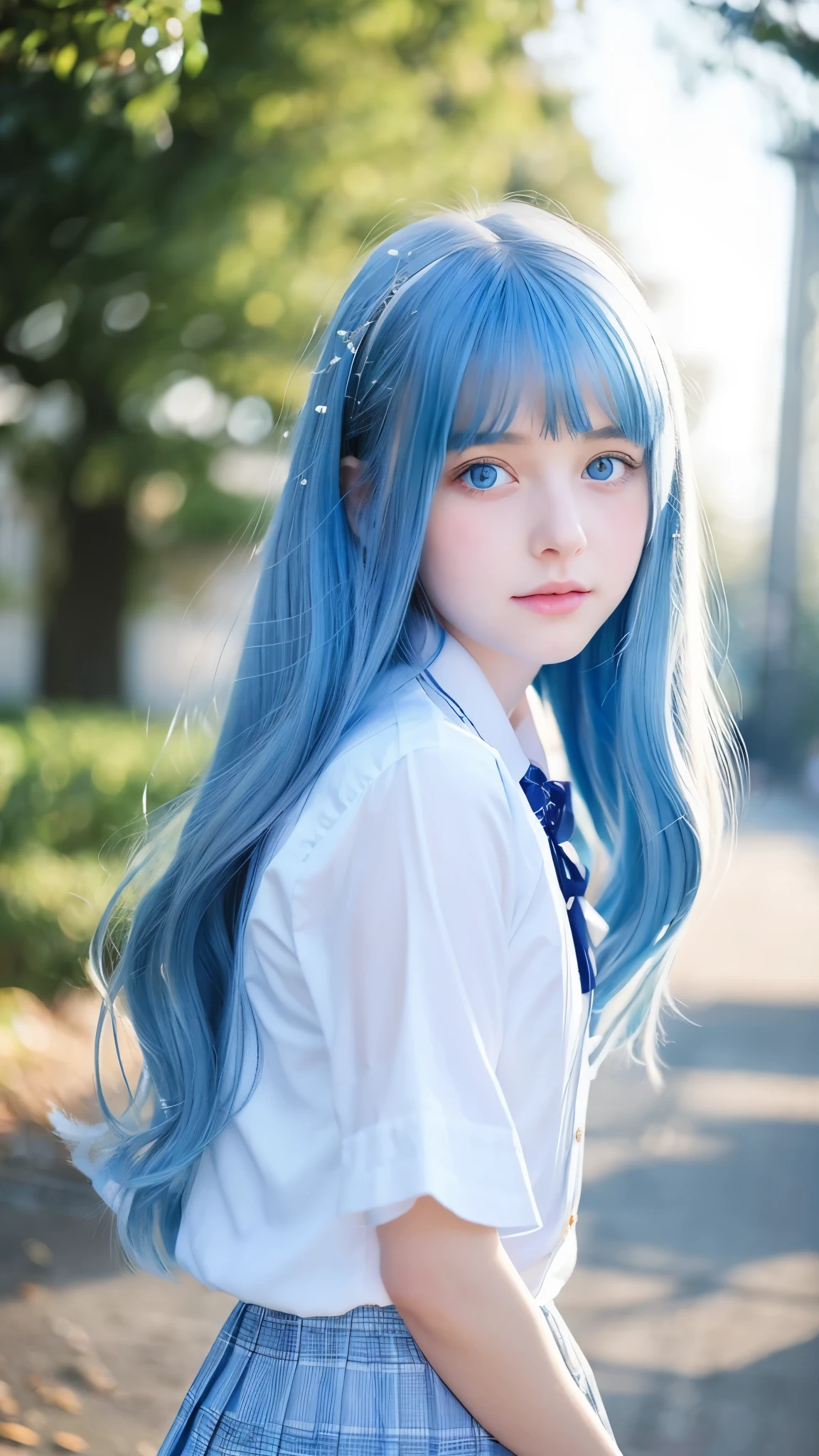 Light blue hair、long、wave、blue eyes、very white skin、magic school uniform、delicate、Dreamy look、under the starry sky。
