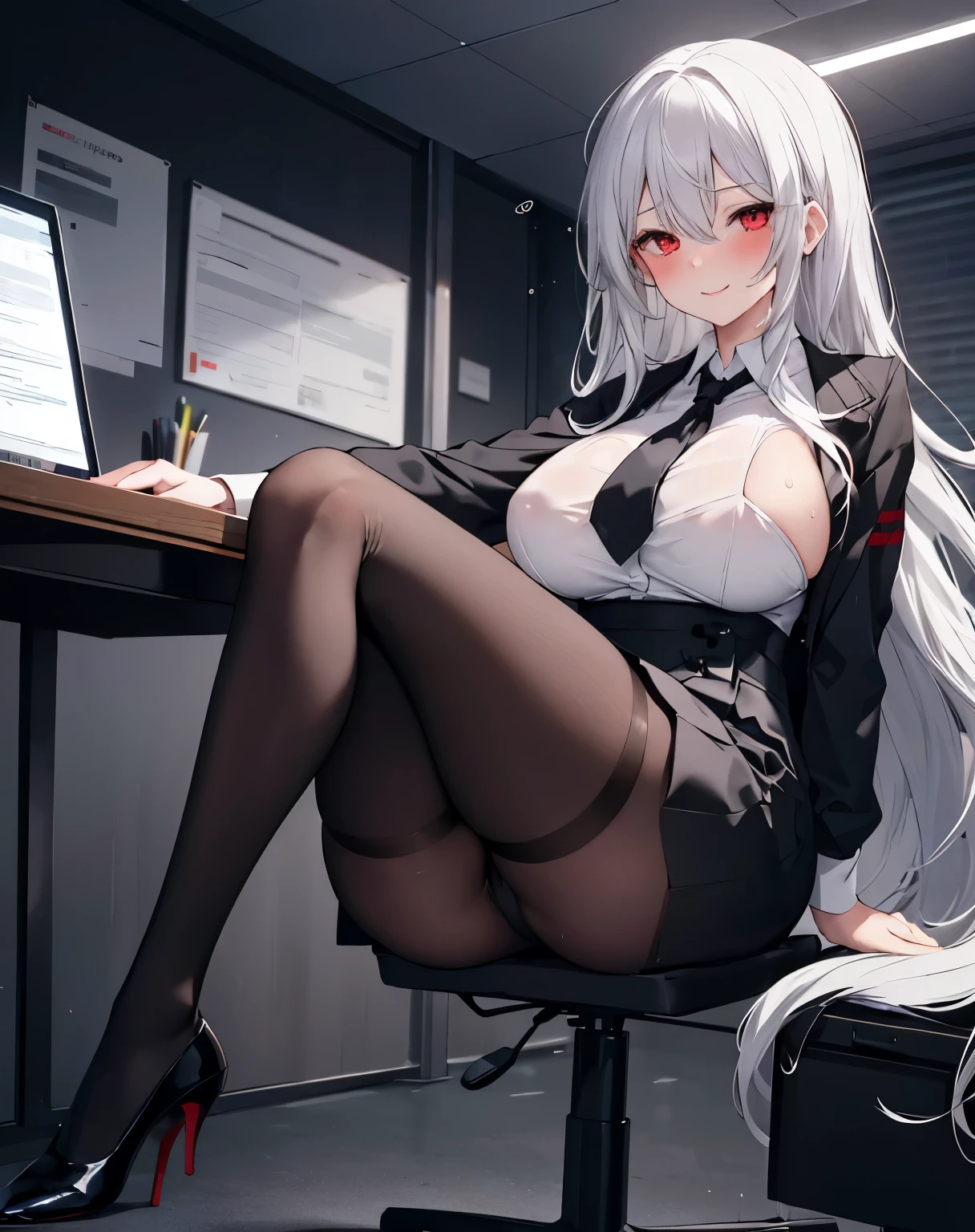 1 girl, Red eyes, Silver long hair, Massive ???????, office, Excited smile, office suit, black heels, black skirt, black long tights, White shirt, ???? ????, ???? legs, sweat on face, blush, sitting on an office chair, hands on the waist
