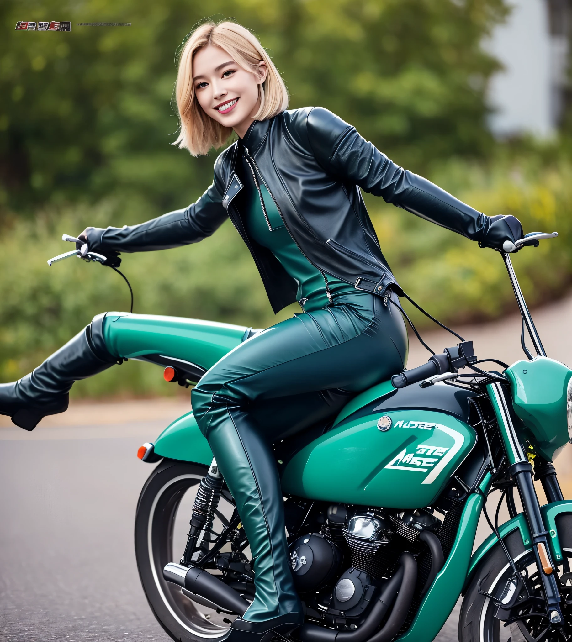 ((best quality)), ((muste piece)), (Detailed Motorcycle), perfect face、(((Blue-green motorcycle riding suit with leather pants and black leather boots)))、Blonde shorthair、smile、slender body、((riding a motorcycle))