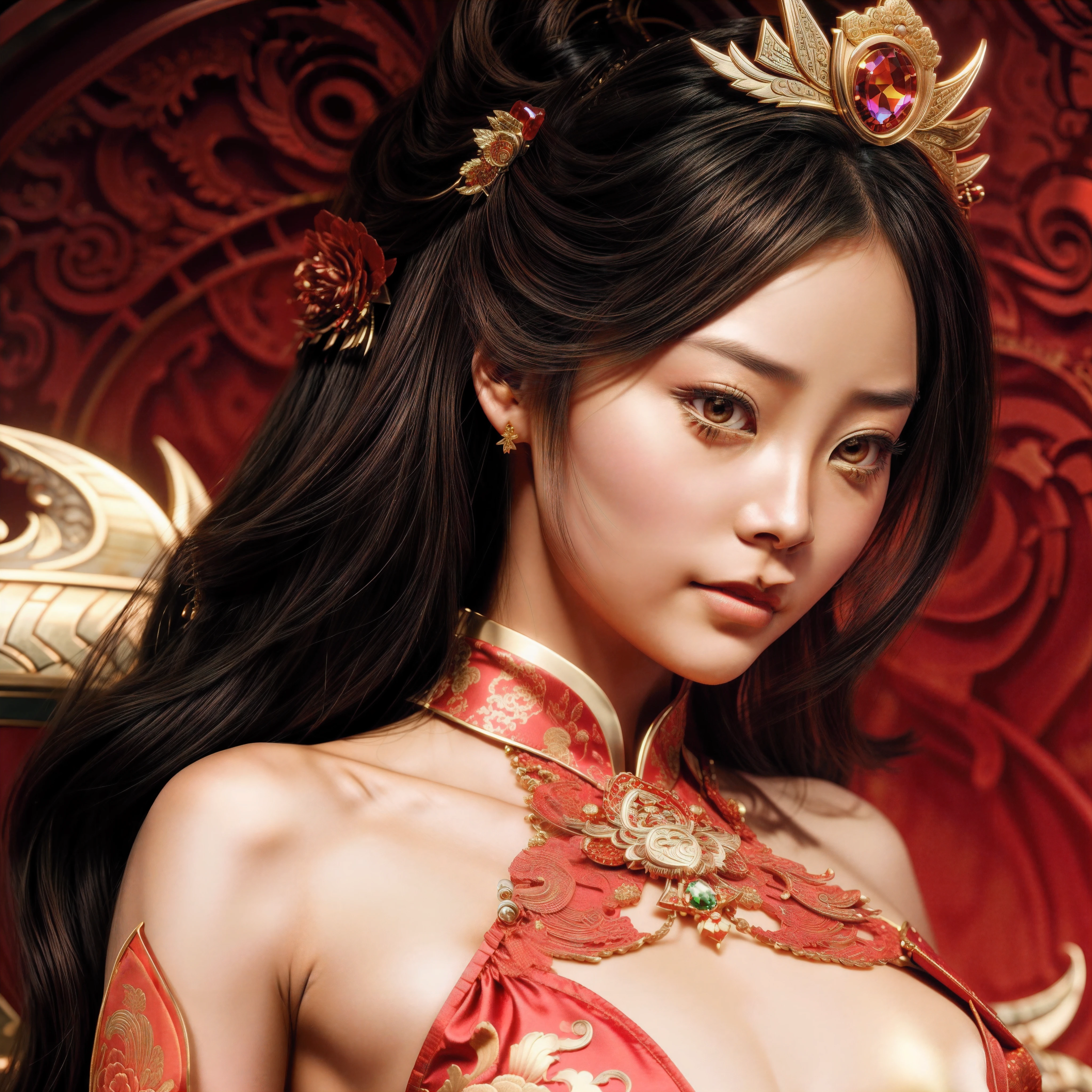 La joven Kristin Kreuk como una hermosa mujer china, Hermoso rostro, intrincado, muy detallado, Sharp focus, Seductora mujer china con una corona., un traje rojo y dorado, and a dragon in the background, Araffada Asian woman in red and gold dress posing for a photo, inspirado en Pu Hua, a beautiful fantasy empress, tendencia en cgstation, Princesa china, the dragon girl portrait, hyper detailed asian, inspirado en Wu Bin, Chinese girl, inspirado por Lan Ying, Emperatriz china, inspirado por Ju Lian, digital fantasy art ), por Yang J.., inspirado por Wu Li