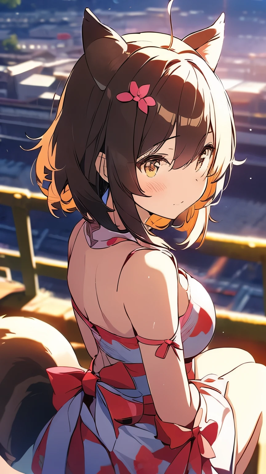 cyber punk、1girl、small breasts、brown hair、blue eyes、ponytail、Ahoge、glare、Tattoos under the eyes、smile、intense joy on the face、put your hands behind your back、Tattoo around the belly button、cowboy shot、Morning Cafe Terrace、background bokeh, written boundary depth