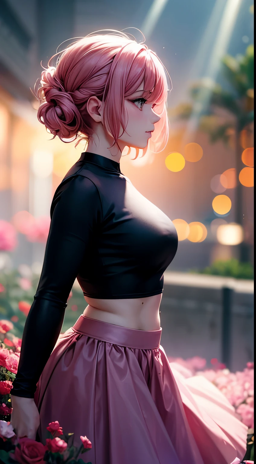 Woman, 30 years, pink skirt and black crop top, Surrealism, cinematic lighting, god rays, bokeh, UHD, masterpiece, super detail, high quality, from side, flowers