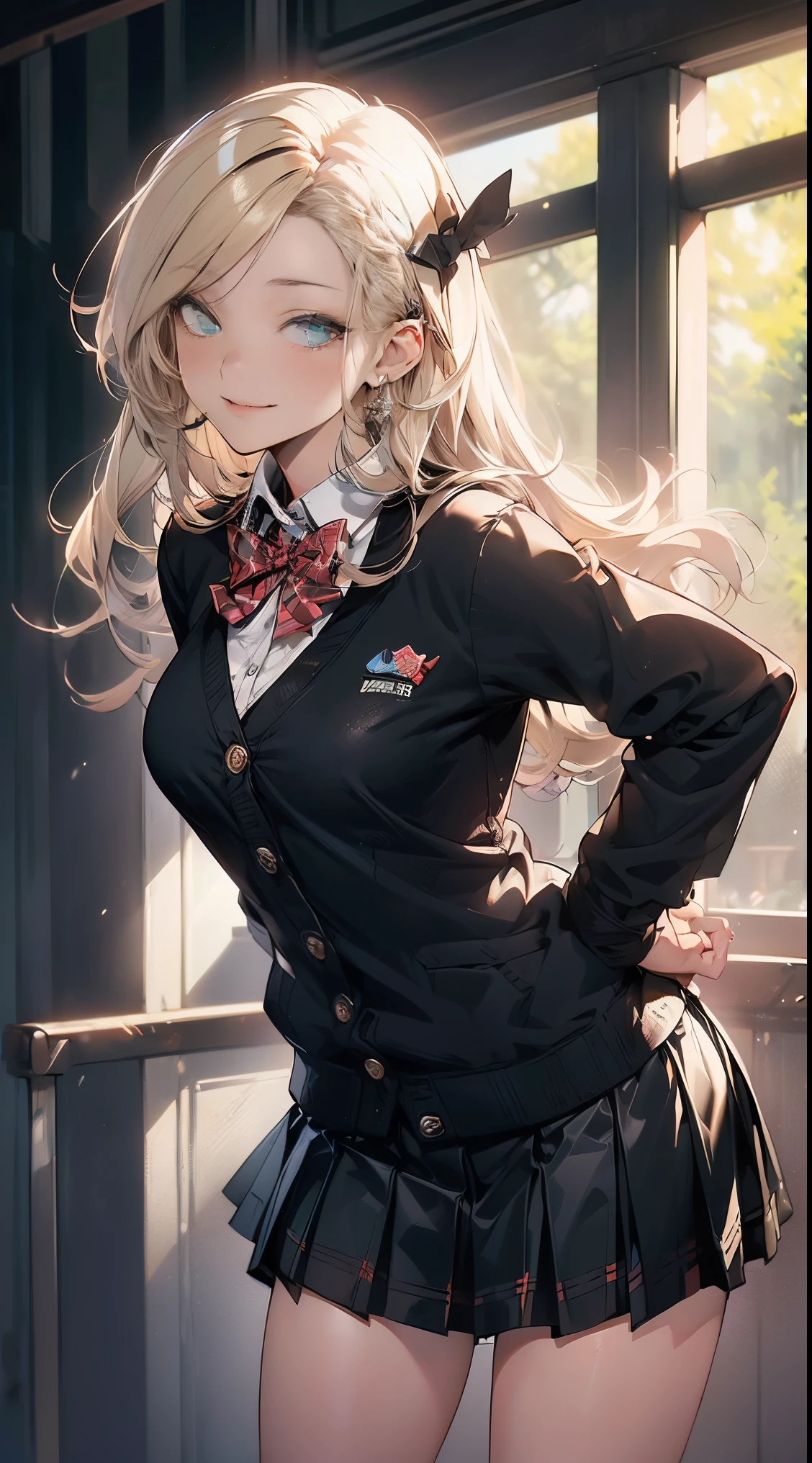 ((masterpiece, highest quality, High resolution, UHD, perfect pixel, Depth of bounds written, 4K, rtx, HDR))), 1 girl, single, alone, beautiful anime girl, beautiful art style, anime character, ((long hair, parted bangs, blonde hair)), (green eyes:1.4, round eyes, beautiful eyelashes, realistic eyes), (detailed face, blush:1.2), (smooth texture:0.75, realistic texture:0.65, realistic:1.1, Anime CG style), ((medium breasts)), dynamic angle, perfect body, (red bow tie, school uniform, black jacket, open jacket, Brown cardigan, white shirt), ((black skirt:1.5, plaid skirt)), ((smile)), ((leaning forward, put your hands behind your back)), amusement park、