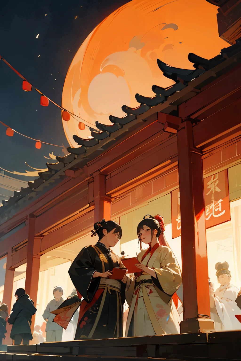 中国Spring Festival节日气氛，Round moon，night，Lantern Festival，Vibrant red and gold colors，traditional chinese street，cultural heritage，Fireworks in the sky，Lantern Festival celebration，auspicious symbol，Lively crowd，ancient building，Spring Festival，lively street，red envelopes，holiday decorations，reunion，flourishing，joy，，high quality，masterpiece，best quality，detailed，Chinese painting style，bright and colorful，lively street scene
