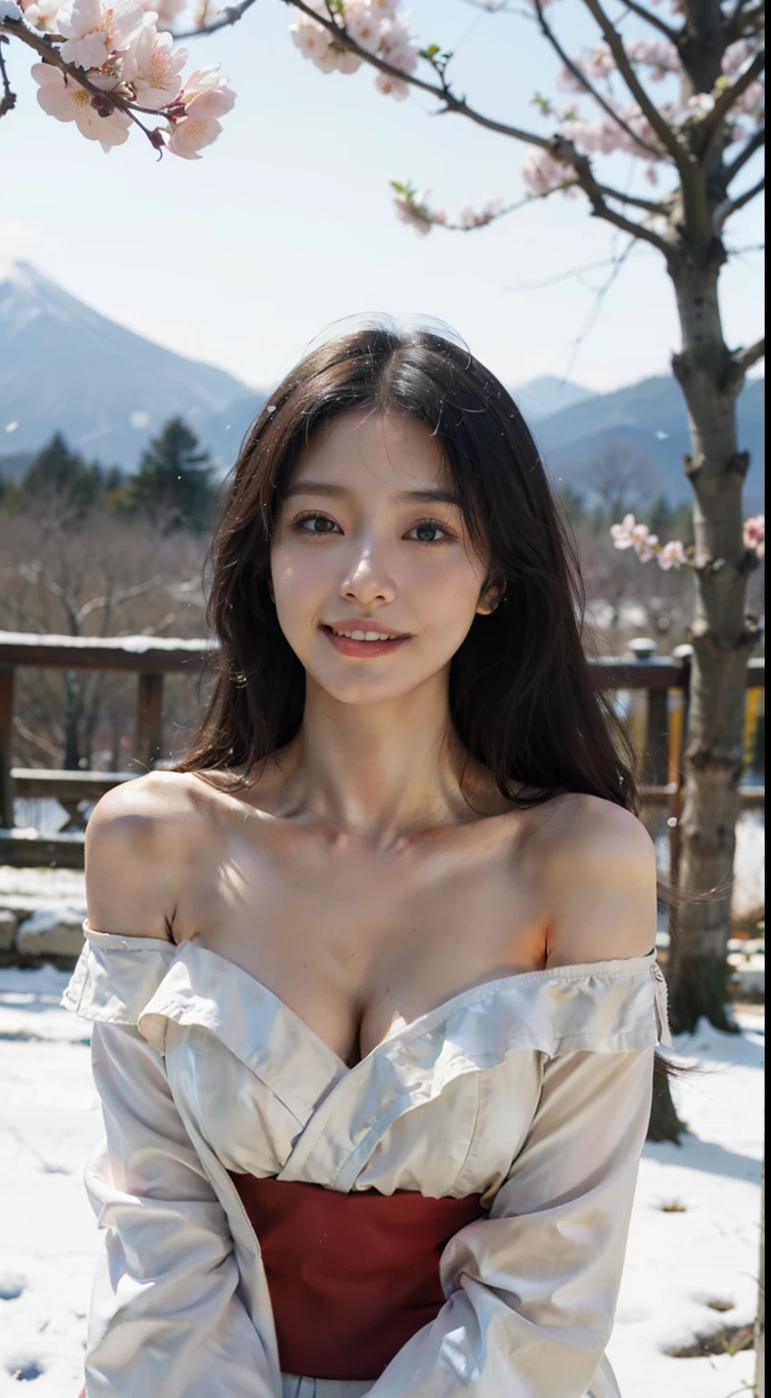 4K quality,Real people,Real light and shadow,Backlight,Contour light,Shallow depth of field,night time,Long-haired young Japanese beauty,medium breasts,Wearing a low-cut, off-the-shoulder Japanese kimono,Viewing flowers in the snow,Smiling and looking at the camera, Smooth skin,Detailed makeup,Background mountain cherry blossom trees，The petals are scattered in the air and on the ground in the wind,snowflakes flying,taking photos by Fujifilm high-grain 400 film,full-body shot, wild-angle view,masterpiece, best quality, high resolution