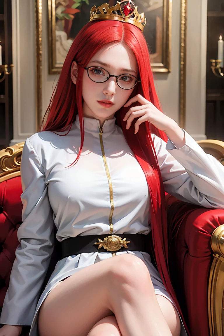 1 Girl, sitting on the classical European sofa, white skin, red hair, long hair with slight curls, red vouluminous hair, crown on her head, exquisite and beautiful big red eyes,, glasses exquisite features, detailed features, exquisite and gorgeous uniform inlaid with gems, perfect figure,gorgeous  exquisite and gorgeous furnishings,