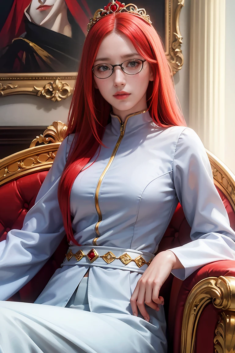 1 Girl, sitting on the classical European sofa, white skin, red hair, long hair with slight curls, red vouluminous hair, crown on her head, exquisite and beautiful big red eyes,, glasses exquisite features, detailed features, exquisite and gorgeous uniform inlaid with gems, perfect figure,gorgeous  exquisite and gorgeous furnishings,