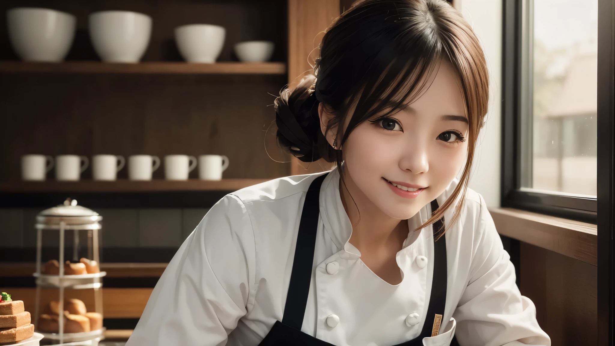 masterpiece, award winning, high quality, super detail, 8k, photo, girl, solo, smile, she is a pastry chef, chef's attire, portrait style, close up, she comes from Japan, Like a magazine interview, at the cafe, soft lighting