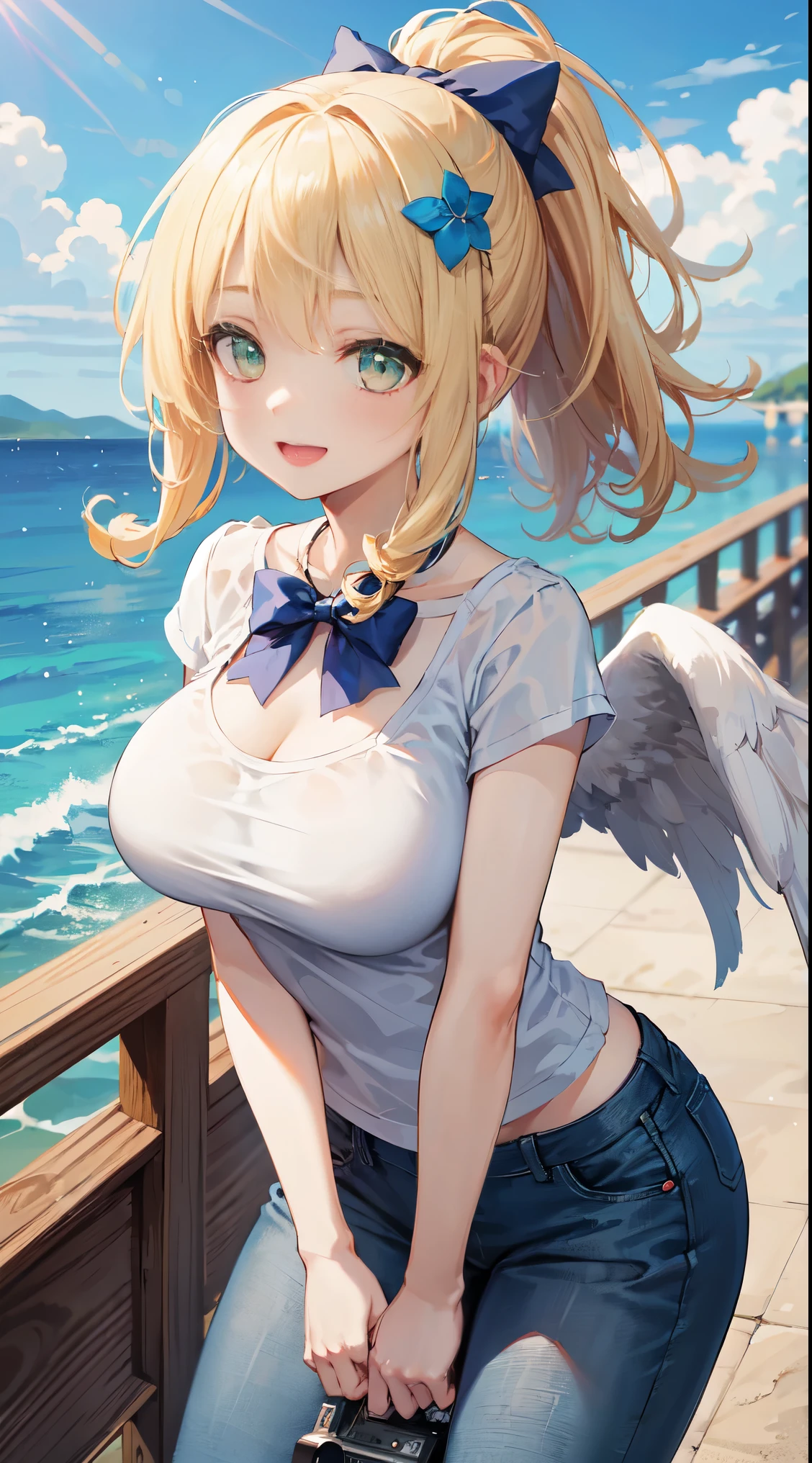 (masterpiece, glossy, best quality, photo realistic, hyper realistic, super fine illustration, ultra high res, large_filesize, 64K, extremely detailed, realistic background, detailed background:1), atmospheric,
BREAK 1 beautiful girl, girl, (cute:1.5),(Little:0.5),(cute:2.0),(change:2.0),(12 year old girl),(big breasts:1.65),(chin hair,blonde,blue bow,green eyes,Eyebrows visible through the hair,side lock,long hair with bangs parted, hair flower, hair ornaments, big ribbon in hair, curly hair, ponytail:1.6),:he, white feathers, one thin white wing, Ang he wings, spread your wings, shining wings),pit \black},glowing skin, beautiful skin, Shining beautiful skin, open your mouth, bashful smile, alone, tooth, upper teeth,(long eyheashes, double eyheids:1.2),alone, glowing skin, beautiful skin,(The best smile,:D:1.45),
BREAK
wearing a bright and lively-colored T-shirt with jeans. Her outfit looks casual and comfortable、
BREAK
Location:
She has arrived at a resort area with a beautiful coastline. White sandy beaches and blue seas stretch out around her.
**BREAK**
**Activity:**
She is sitting on the beach, capturing the scenery with a camera in her hand. Smiling, she enjoys the view of the sea, embracing the new surroundings.
BREAK
Composition:
She sits at the edge of the coastline, with the blue sea expanding on the left and white sandy beaches stretching on the right. Beautiful palm trees line around her.
BREAK,wakame,wakame,wakame,(from front,cowboy shot:1.5),hanging breasts,nose blush,heavy breathing,steam,((:o):1.2)
BREAK,(Blurry background:1.3),(absurderes, hight resolution, Super Detail Art),cel shading,Clear Color,Lonely optical effect,Beautiful pictures,Bright glow,mystic atmosphere,(Close-up of girl:0.8),Mystical light particle effect,manga influence,clean line drawings,