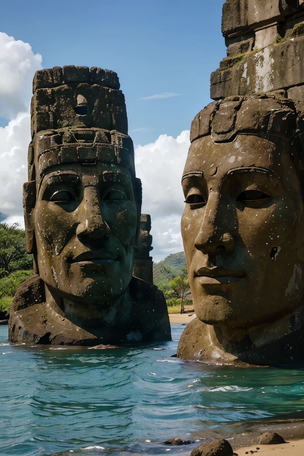 best quality,ultra-detailed,realistic,moai statue,stone carving,ancient civilization,giant sculptures,remote island,Polynesia,mysterious atmosphere,vivid colors,soft sunlight,hidden secrets,nature reclaiming,stillness,silent guardians,grandeur and solemnity,unseen faces,subtle weathering,silent witnesses,timeless beauty,monumental art,iconic landmarks,majestic presence,pristine landscapes,secluded destination,symbol of Easter Island,archaeological wonder,marvel of engineering,cultural heritage,ancient rituals,ancestral spirits,unexplained mysteries,enduring legacy,perpetual enigma,human ingenuity,magical connection with the past,remote charm,ethereal ambience,ancient wisdom,harmony with nature,serene backdrop,world's largest statues,artistic icon,awe-inspiring,spiritual essence.