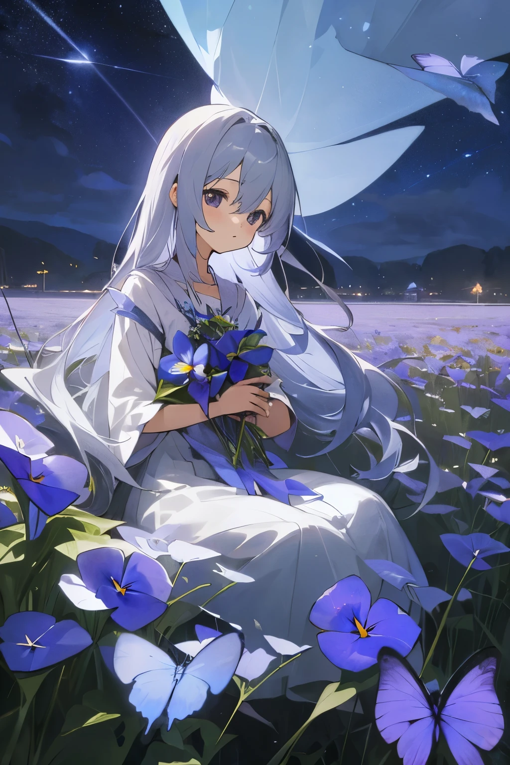 Gray hair semi-long、sitting in a light blue viola field、night sky、ephemeral、butterfly々is flying、girl