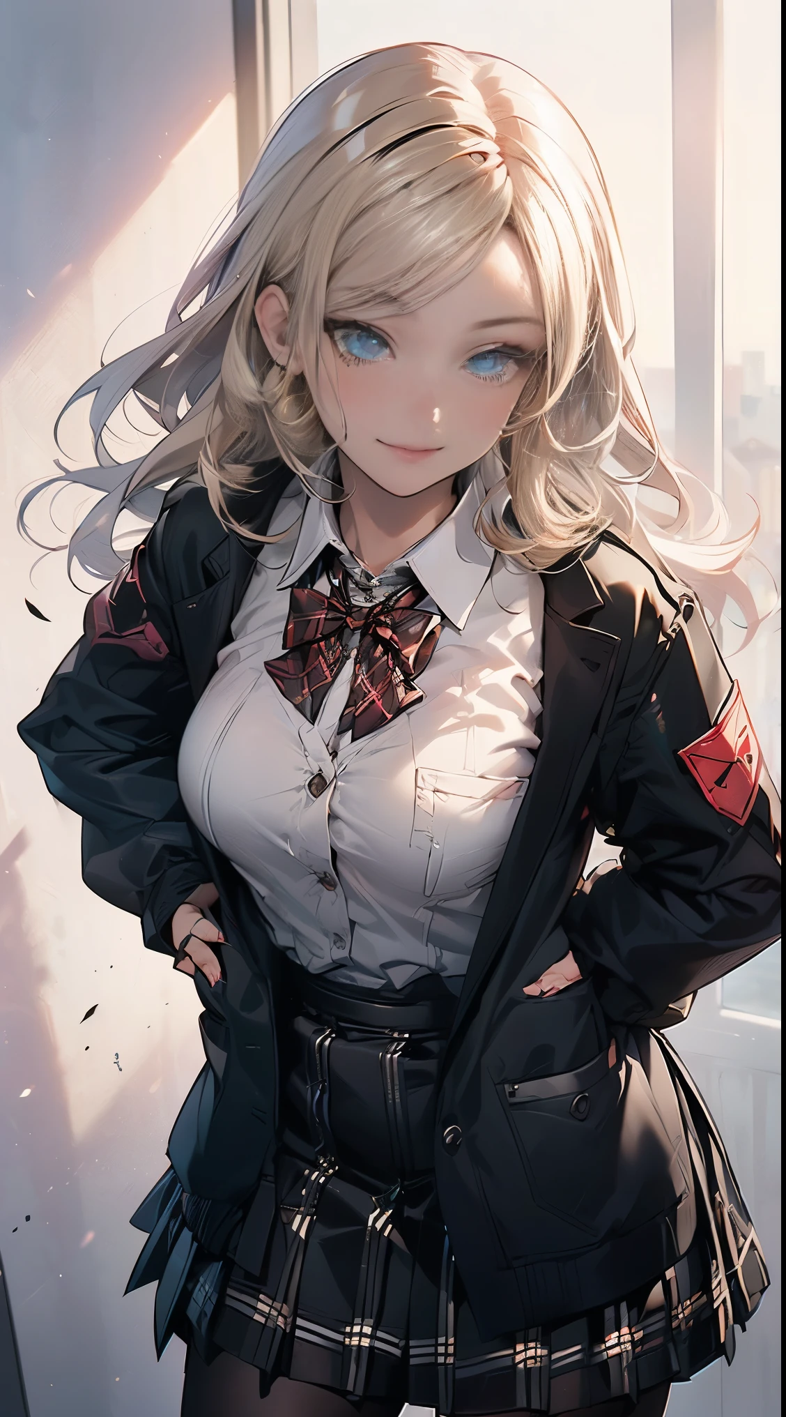 ((masterpiece, highest quality, High resolution, UHD, perfect pixel, Depth of bounds written, 4K, rtx, HDR))), 1 girl, single, alone, beautiful anime girl, beautiful art style, anime character, ((long hair, parted bangs, blonde hair)), (green eyes:1.4, round eyes, beautiful eyelashes, realistic eyes), (detailed face, blush:1.2), (smooth texture:0.75, realistic texture:0.65, realistic:1.1, Anime CG style), ((medium breasts)), dynamic angle, perfect body, (red bow tie, school uniform, black jacket, open jacket, Brown cardigan, white shirt), ((black skirt:1.5, plaid skirt)), ((smile)), ((leaning forward, put your hands behind your back)),