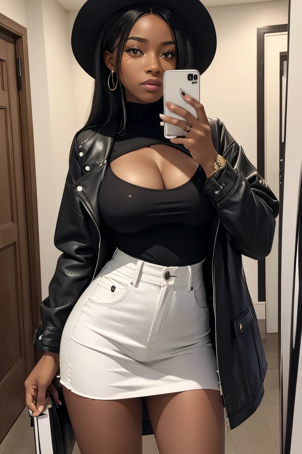 African American female, medium complexion, with a sprinkle of freckles. Standing at 5'8, big breasts,https://image.cdn2.seaart.ai/2024-02-03/cmv327te878c73e1qsl0/db495e33023cac2d7aa62adc0c8d72779794008c_high.webp Aria trying on different outfits and accessories, showcasing her fashion choices for the day