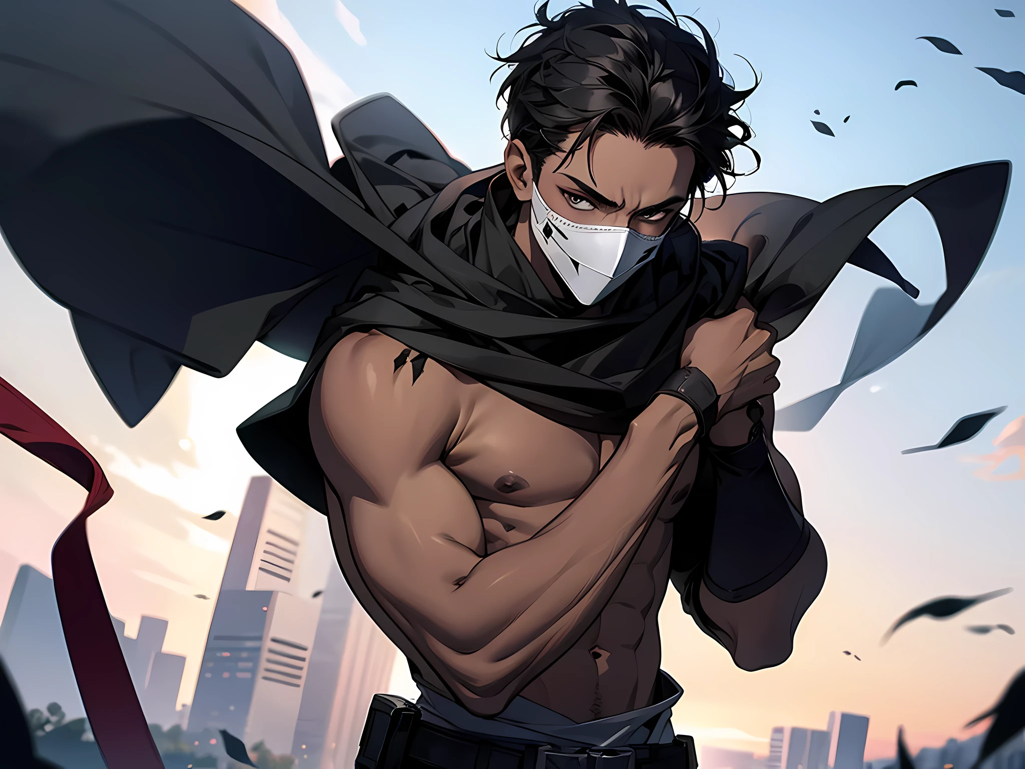 thin young man, dark skin wearing mask, V-shaped vendetta wears a mask, bare chest, worn out cloth, black hair, training with a sword, holding a mighty sword
