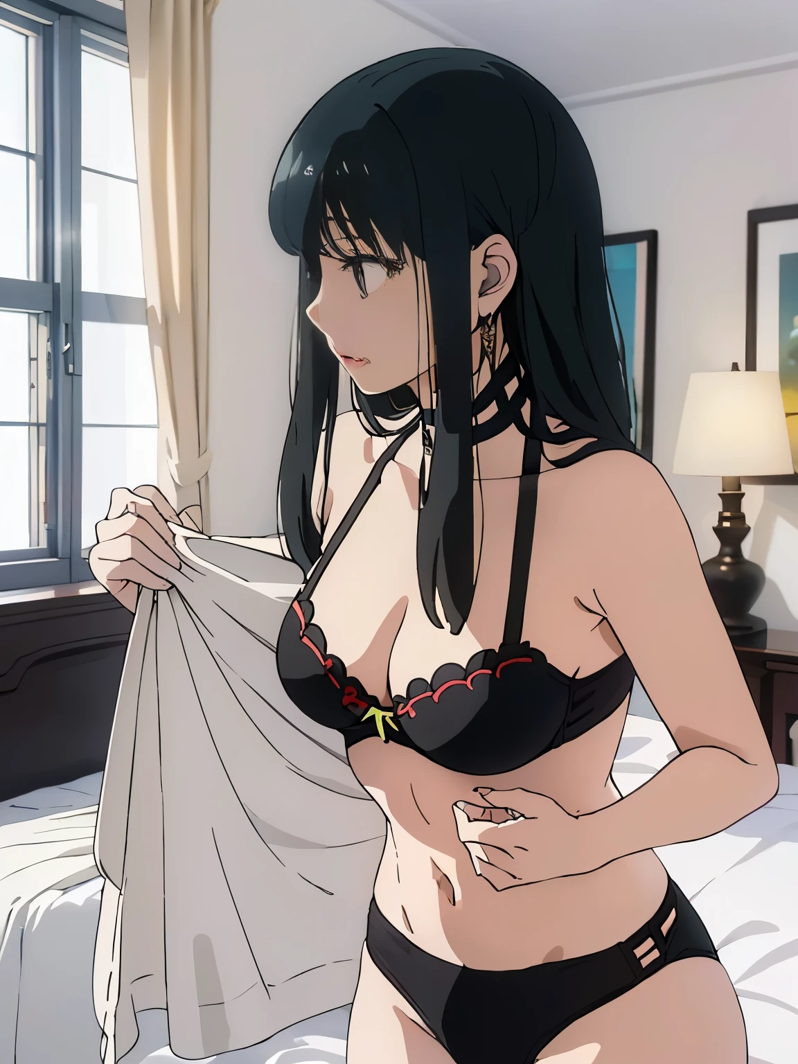 masterpiece、highest quality、High resolution、1 girl、(alone)、low length、profile、barefoot、Detailed facial depiction、(((yor forger、jet black hair)))、(Change of clothes、undressing、Lower body naked、pantypull、naked crotch)、thin、(((Bedroom、Sexual bra with delicate decoration、black bra)))、Undressing Pose、Shot of her from below