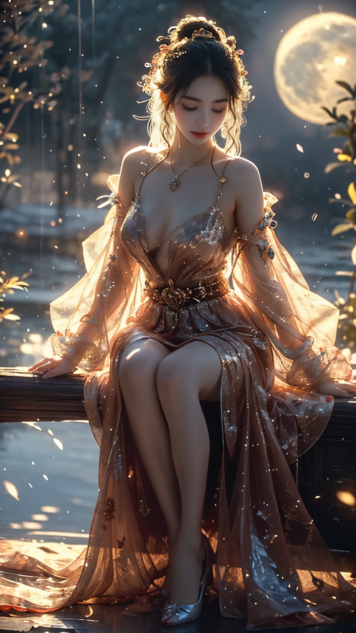 AncheReddressgirl, (masterpiece, best quality:1.2), 1girl, solo, In the depths of Wonderland，The moonlight falls like water，foggy room，The figure of the heroine is vaguely visible，Just like the fairy in the painting，Slender sexy legs，Very nice legs，Leaking sexy legs，Big breasts，美丽而又带着一丝mystery的色彩。Her face is beautiful and delicate，Like finely carved jade，Showing otherworldly beauty。The eyebrows are picturesque，The waves in my eyes are like twinkling stars，Show the light of perseverance and wisdom。The bridge of the nose is straight，Lip color like cherry，The slightly raised corners of the mouth reveal confidence and calmness。Her face is well defined，The skin is as fair as jade，Reveals a healthy glow，Just like a fairy, she never eats fireworks in the world。Her makeup is light and delicate，Not too much embellishment，But enough to show her temperament and charm。Light-colored foundation brings out the transparency of the skin，A light eyebrow pencil outlines her perfect eyebrow shape，Eye makeup is eye shadow and eyeliner，Make her eyes brighter and more energetic。嘴唇涂上grace的口红，Adds a bit of charm and sophistication。她的衣服grace别致，Clothes flutter，It seems like it will be blown up by the wind at any time，drifting into the distance。既不失grace，Also showed her extraordinary skills。A wide belt is tied around the waist，There is a crystal clear jade pendant hanging on it，Rocking with her movements。Her hair is tied back casually，Secure it with a hosta，A few strands of hair are fluttering gently in the wind，Adds a bit of softness。Her figure is looming in the fairyland，宛如一道Big breasts美丽的风景线，attracted everyone&#39;s attention。She seems to be a fairy in wonderland，Big breasts美丽、grace、mystery、and full of power。