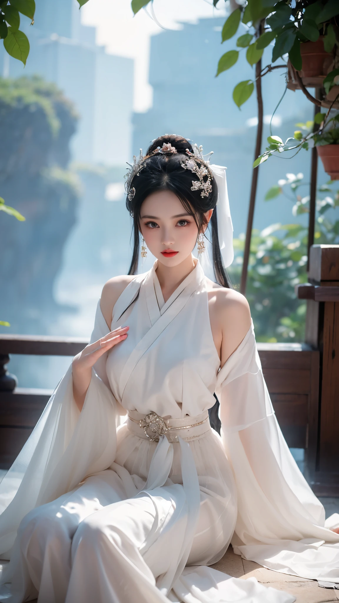 BAINV, (masterpiece, best quality:1.2), 1girl, solo, In the depths of Wonderland，The moonlight falls like water，foggy room，The figure of the heroine is vaguely visible，Just like the fairy in the painting，Slender sexy legs，Very nice legs，Leaking sexy legs，Big breasts，美丽而又带着一丝mystery的色彩。Her face is beautiful and delicate，Like finely carved jade，Showing otherworldly beauty。The eyebrows are picturesque，The waves in my eyes are like twinkling stars，Show the light of perseverance and wisdom。The bridge of the nose is straight，Lip color like cherry，The slightly raised corners of the mouth reveal confidence and calmness。Her face is well defined，The skin is as fair as jade，Reveals a healthy glow，Just like a fairy, she never eats fireworks in the world。Her makeup is light and delicate，Not too much embellishment，But enough to show her temperament and charm。Light-colored foundation brings out the transparency of the skin，A light eyebrow pencil outlines her perfect eyebrow shape，Eye makeup is eye shadow and eyeliner，Make her eyes brighter and more energetic。嘴唇涂上grace的口红，Adds a bit of charm and sophistication。她的衣服grace别致，Clothes flutter，It seems like it will be blown up by the wind at any time，drifting into the distance。既不失grace，Also showed her extraordinary skills。A wide belt is tied around the waist，There is a crystal clear jade pendant hanging on it，Rocking with her movements。Her hair is tied back casually，Secure it with a hosta，A few strands of hair are fluttering gently in the wind，Adds a bit of softness。Her figure is looming in the fairyland，宛如一道Big breasts美丽的风景线，attracted everyone&#39;s attention。She seems to be a fairy in wonderland，Big breasts美丽、grace、mystery、and full of power。